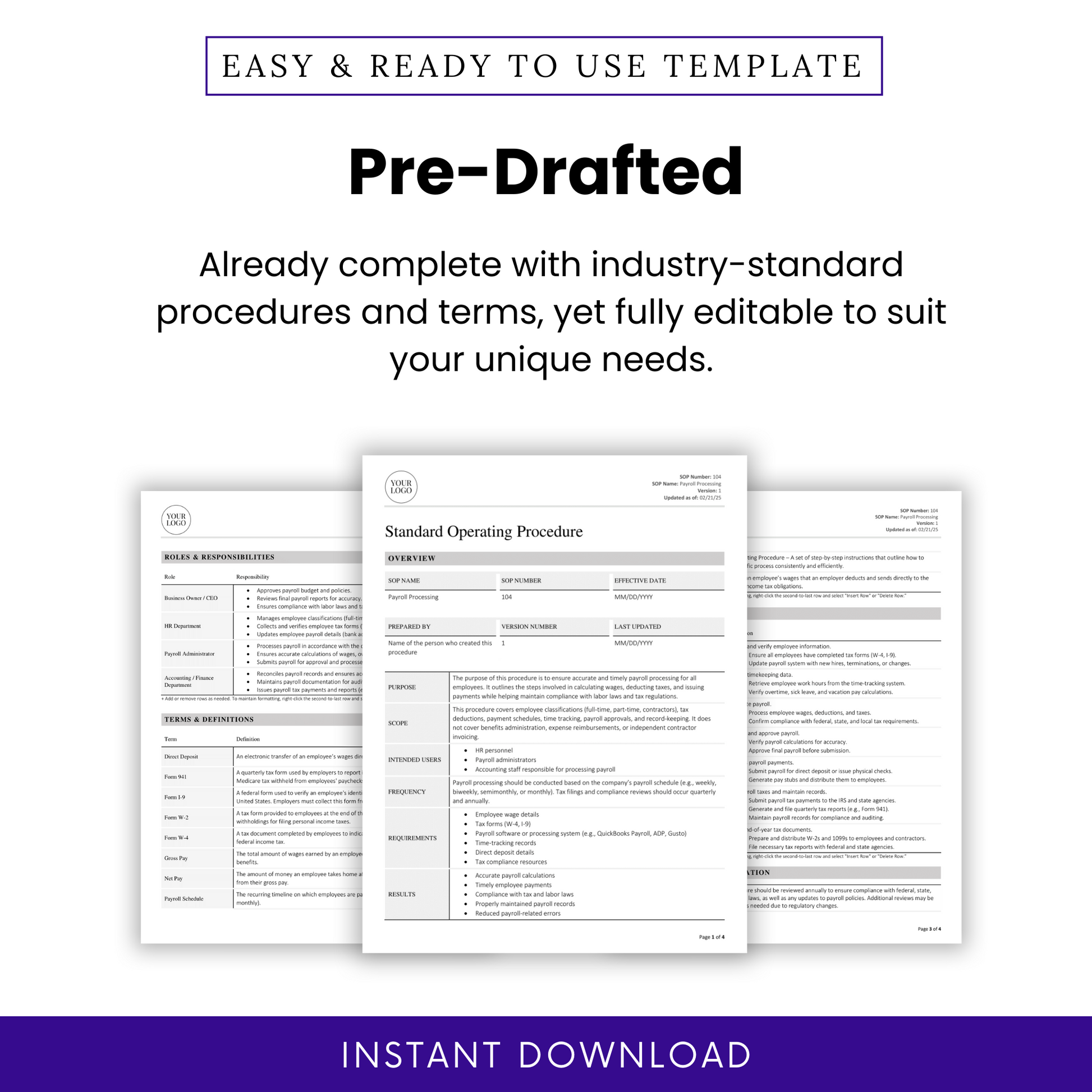Visual showing three formatted pages of the payroll SOP, emphasizing its industry-standard structure and full customizability to suit any business needs.