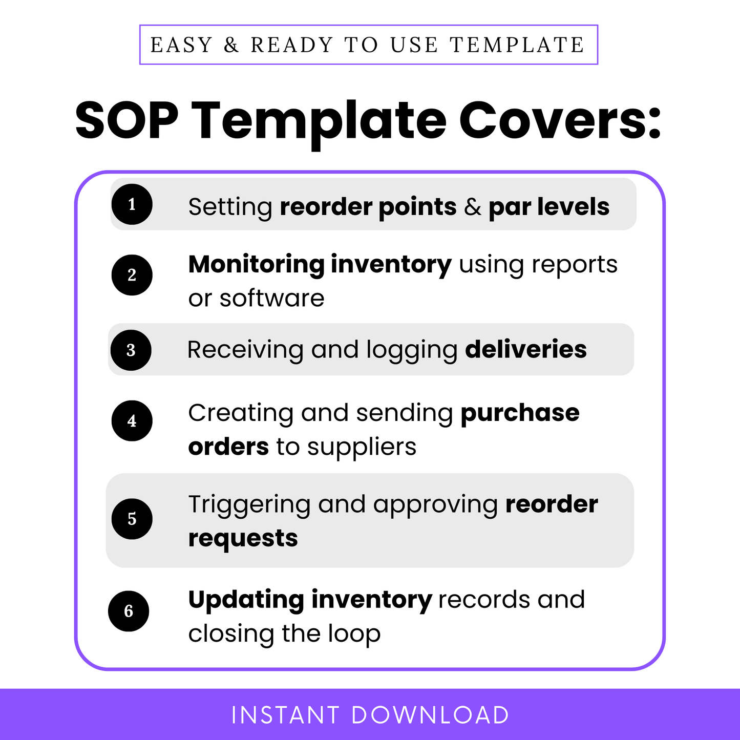Stock Replenishment SOP Template covers reorder points, inventory monitoring, receiving deliveries, purchase order creation, reorder approvals, and inventory updates. Easy and ready-to-use template for small businesses and warehouse teams. Instant download.