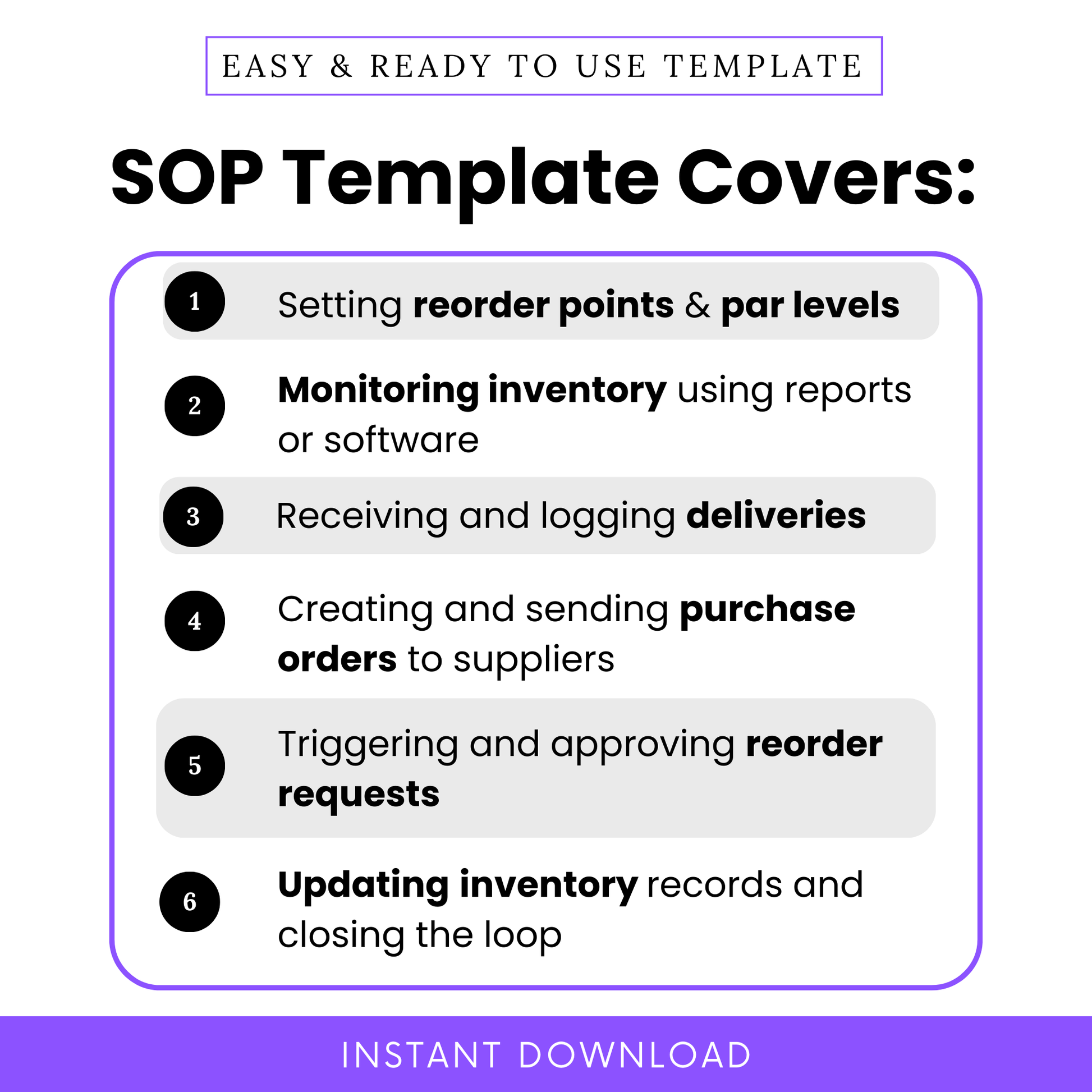 Stock Replenishment SOP Template covers reorder points, inventory monitoring, receiving deliveries, purchase order creation, reorder approvals, and inventory updates. Easy and ready-to-use template for small businesses and warehouse teams. Instant download.