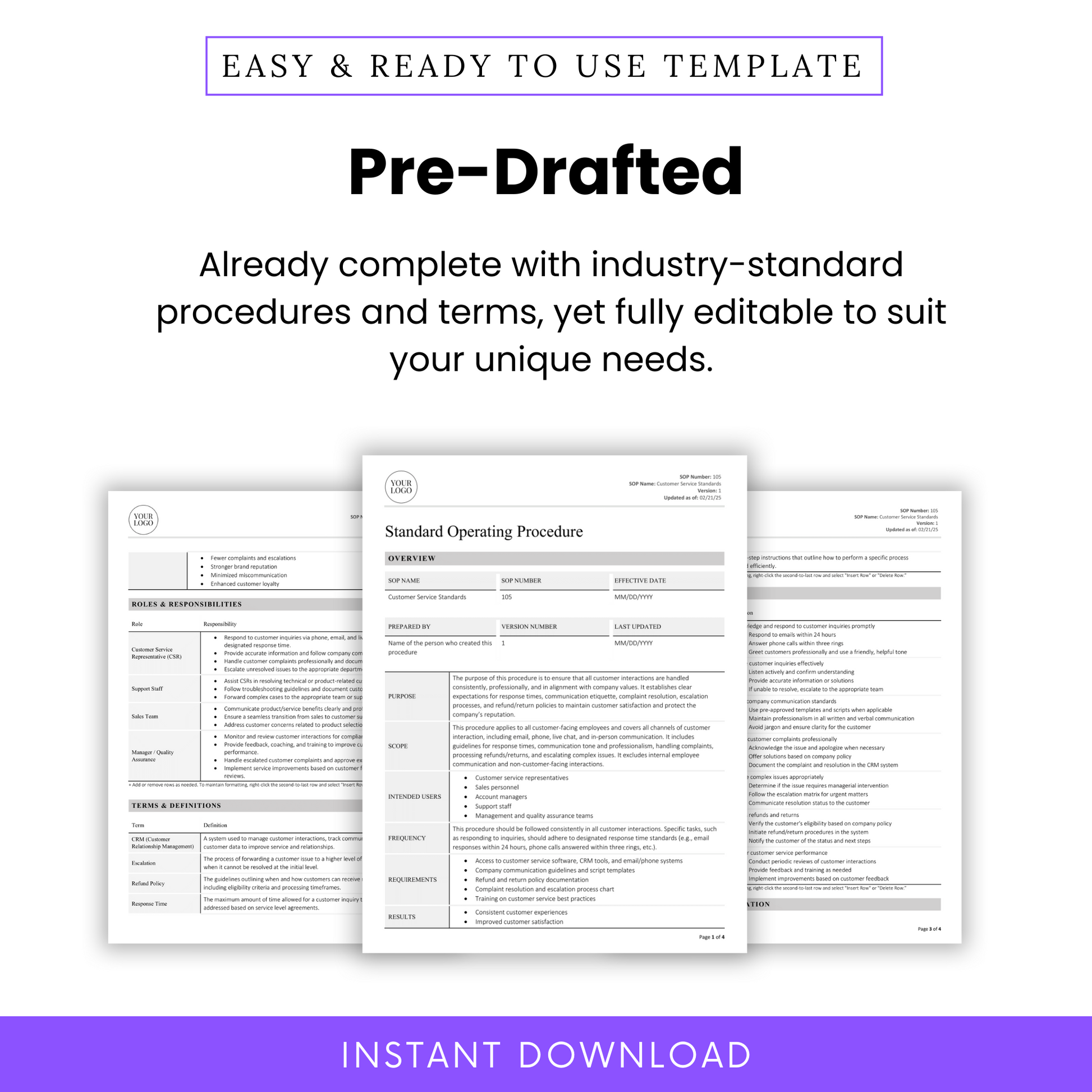 Graphic featuring multiple pages of the SOP, highlighting its professionally formatted, industry-standard procedures ready for full customization.