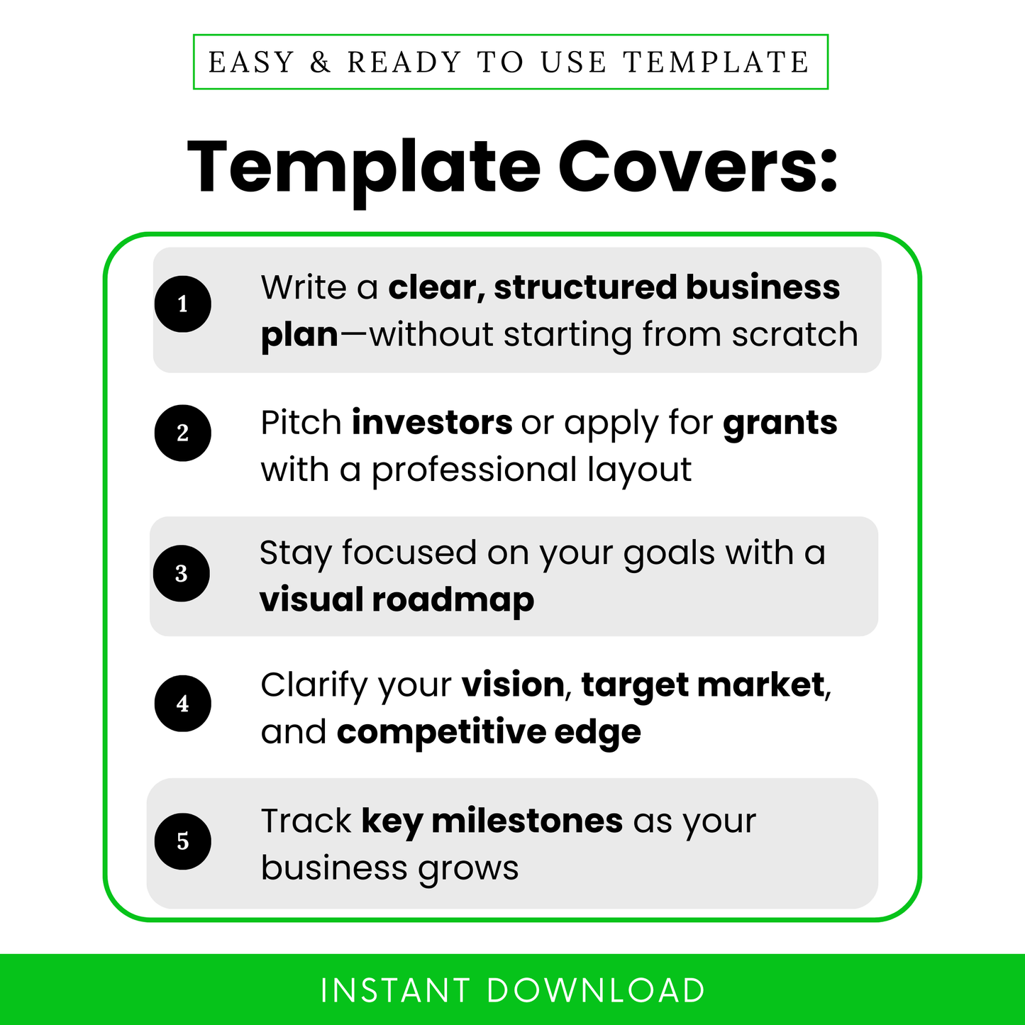 Graphic titled 'Template Covers' listing five benefits of the Business Plan Template: 1) Write a clear, structured business plan, 2) Pitch investors or apply for grants, 3) Stay focused on goals with a visual roadmap, 4) Clarify vision, target market, and competitive edge, 5) Track key milestones. Includes 'Instant Download' banner at the bottom.