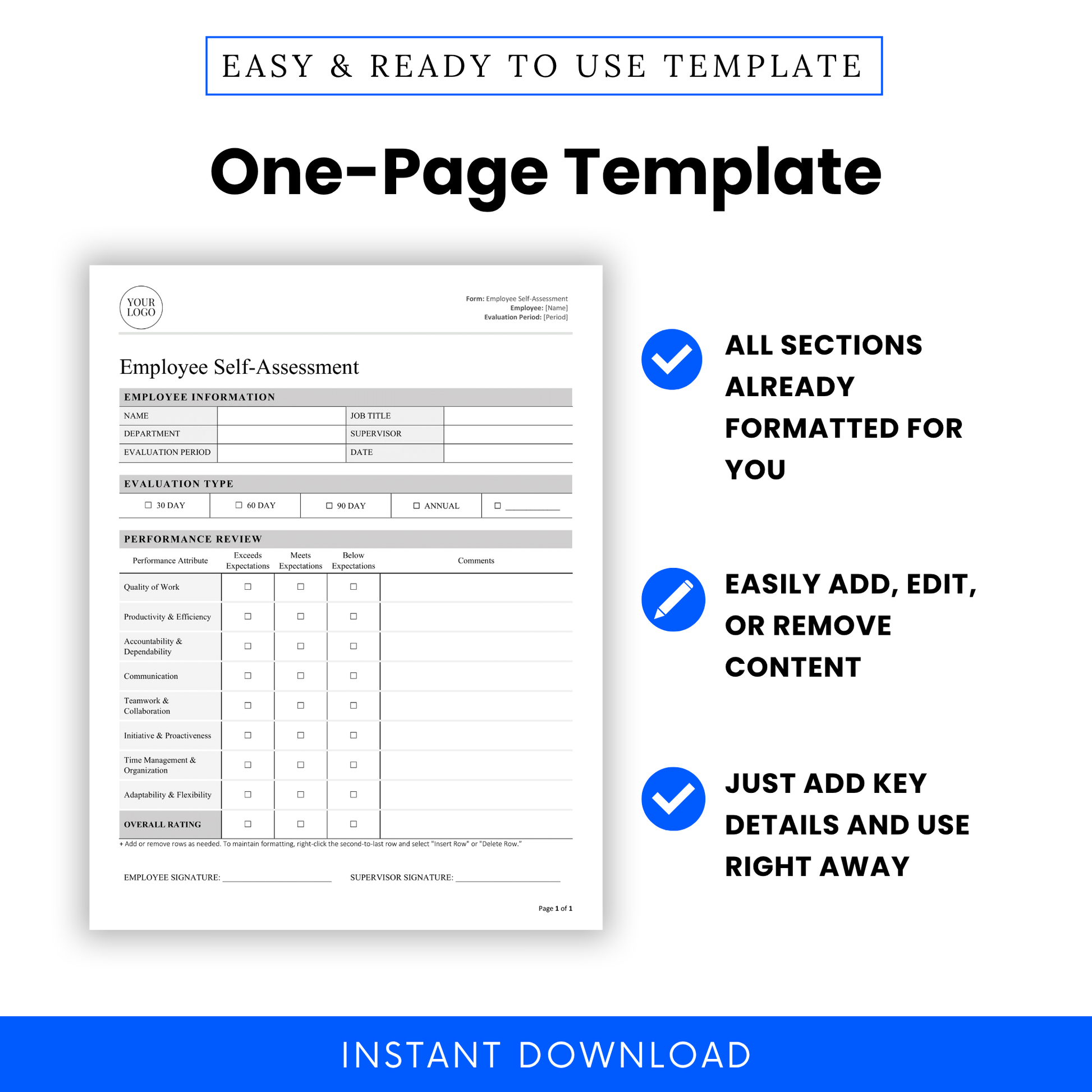 One-page employee self-assessment template with pre-formatted sections for ratings, comments, and signatures—just add your details.