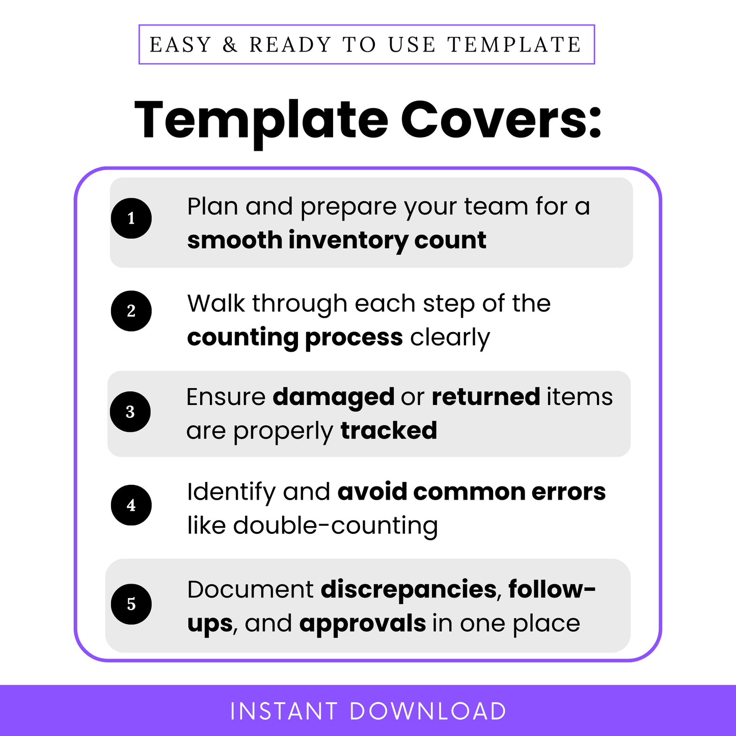 Template Covers section showing five key features of the inventory checklist, including inventory prep, counting steps, tracking returned items, avoiding errors, and documenting discrepancies.