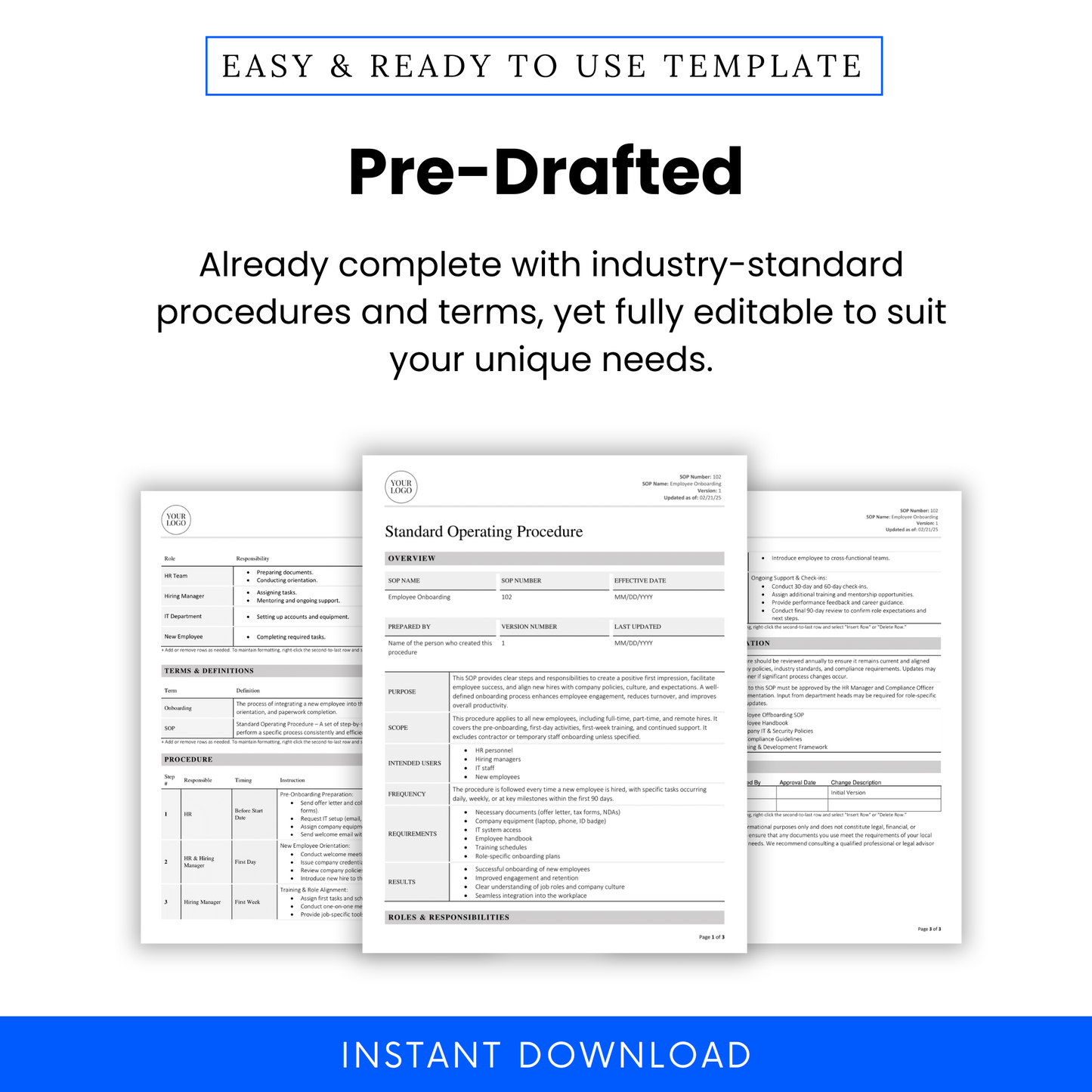Zoomed-in view of SOP template pages showcasing industry-standard structure and editable text for seamless HR process implementation.