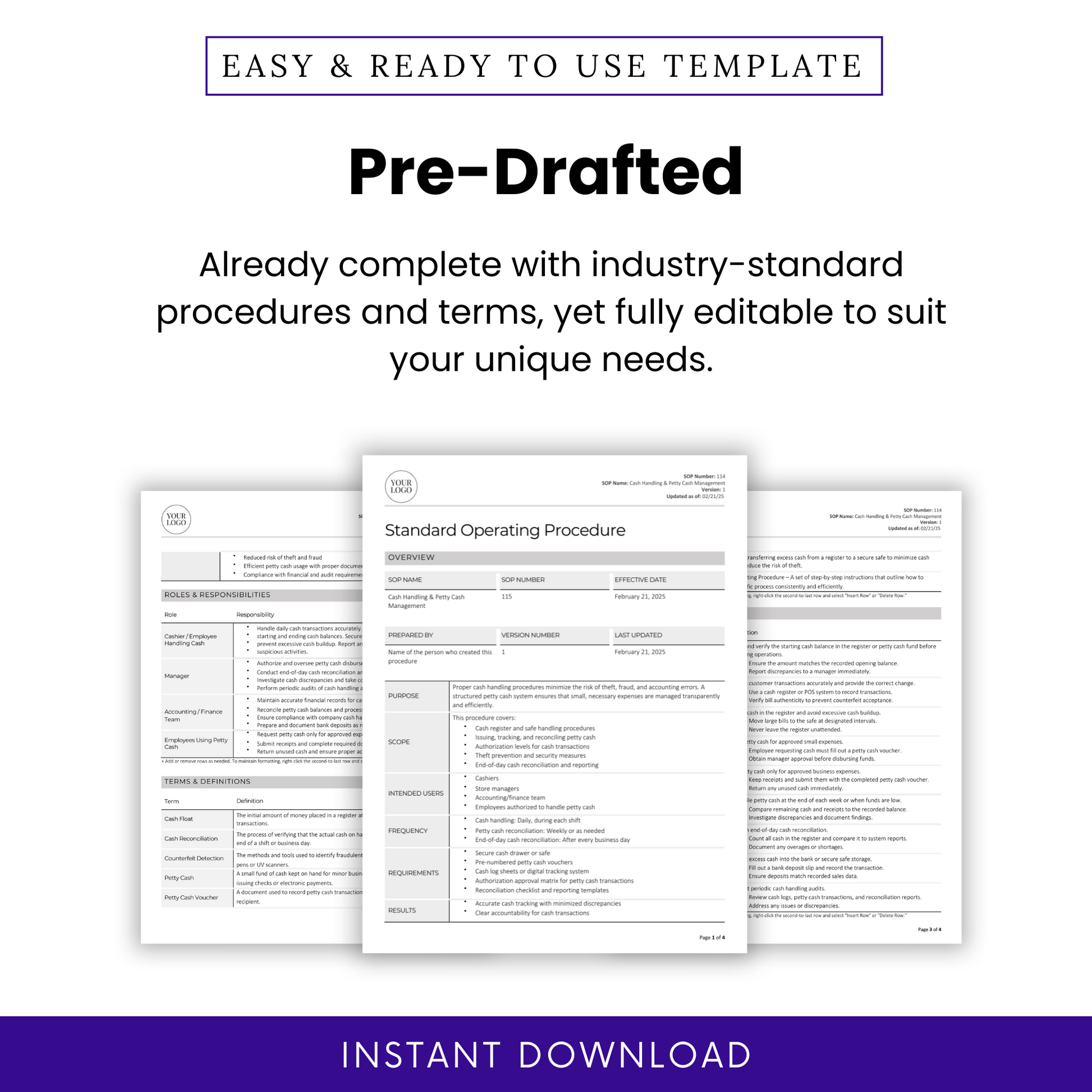 Cash Management SOP template promotional graphic. Showcases a pre-written, industry-standard document with structured procedures and terms. The image includes a document preview highlighting key sections such as roles and responsibilities, terms and definitions, and procedure steps. The design emphasizes full editability to suit business needs. A purple 'Instant Download' banner at the bottom indicates immediate access upon purchase.
