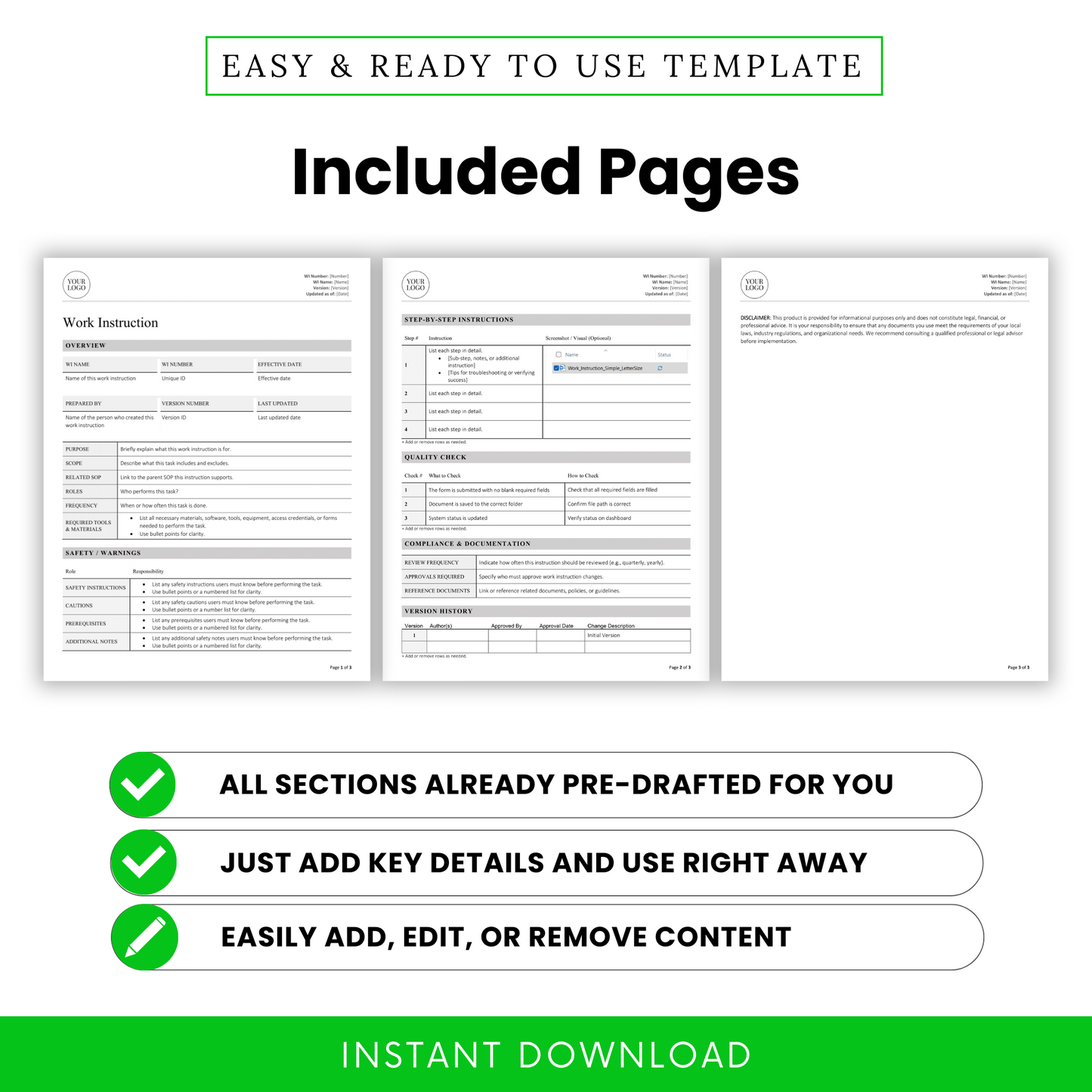 Visual display of the three pre-drafted pages included in the work instruction template—covering work instruction overview, step-by-step process, quality check, and disclaimer.