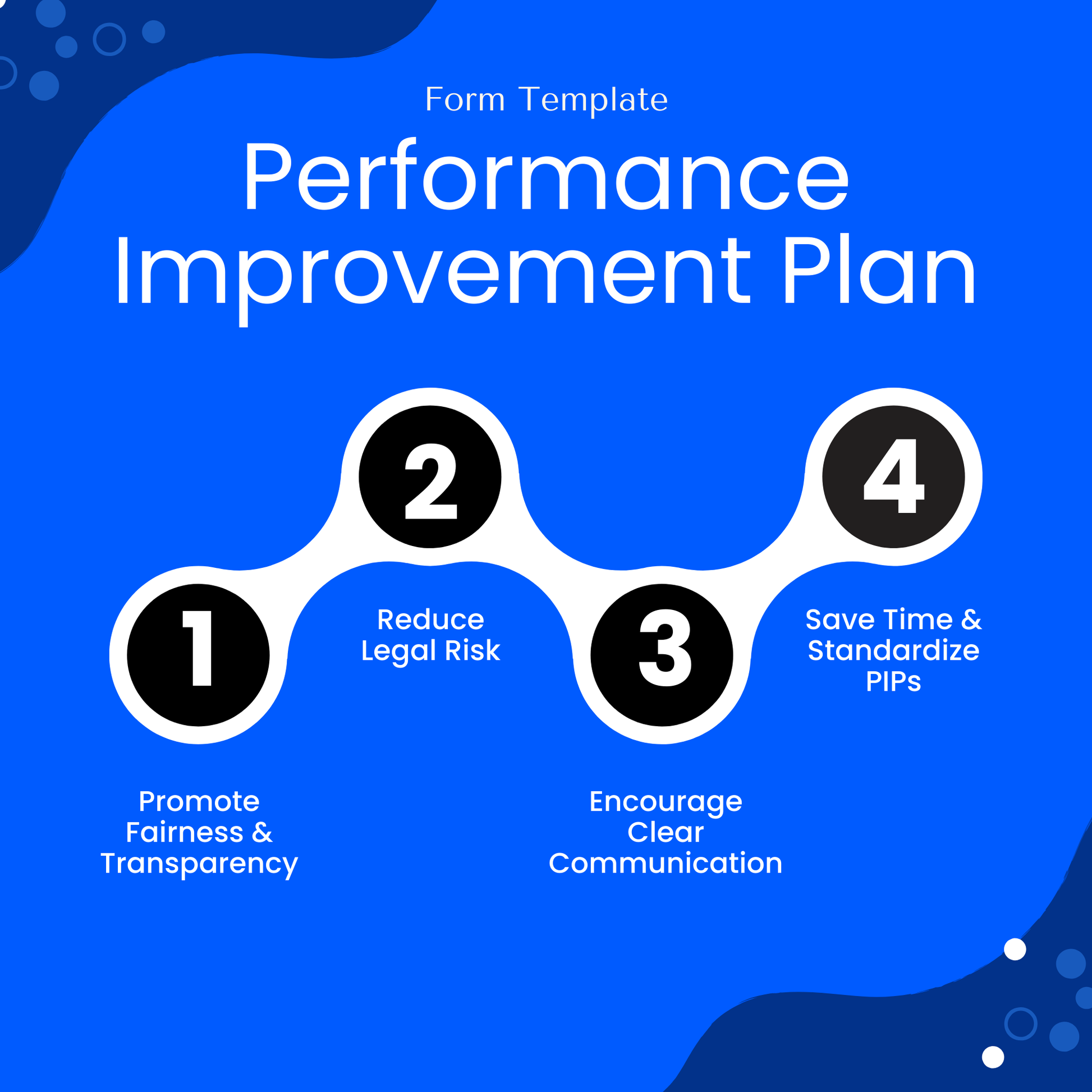 Benefits of using a Performance Improvement Plan (PIP) Template. Highlights four key advantages: promote fairness and transparency, reduce legal risk, encourage clear communication, and save time by standardizing PIPs. Blue graphic design ideal for HR professionals and managers implementing formal employee improvement plans. Supports structured performance documentation and HR compliance. Instant digital download.