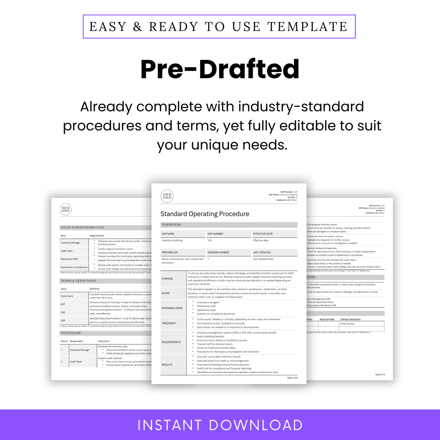 Pre-Drafted SOP Template for Inventory Management and Inventory Auditing – Fully Editable Standard Operating Procedure (SOP) in Word and PDF. Professionally formatted with industry-standard procedures, roles, responsibilities, and definitions. Perfect for warehousing, warehouse inventory, manufacturing, supply chain, and operations management. Customize to fit your business needs. Instant digital download for immediate use.