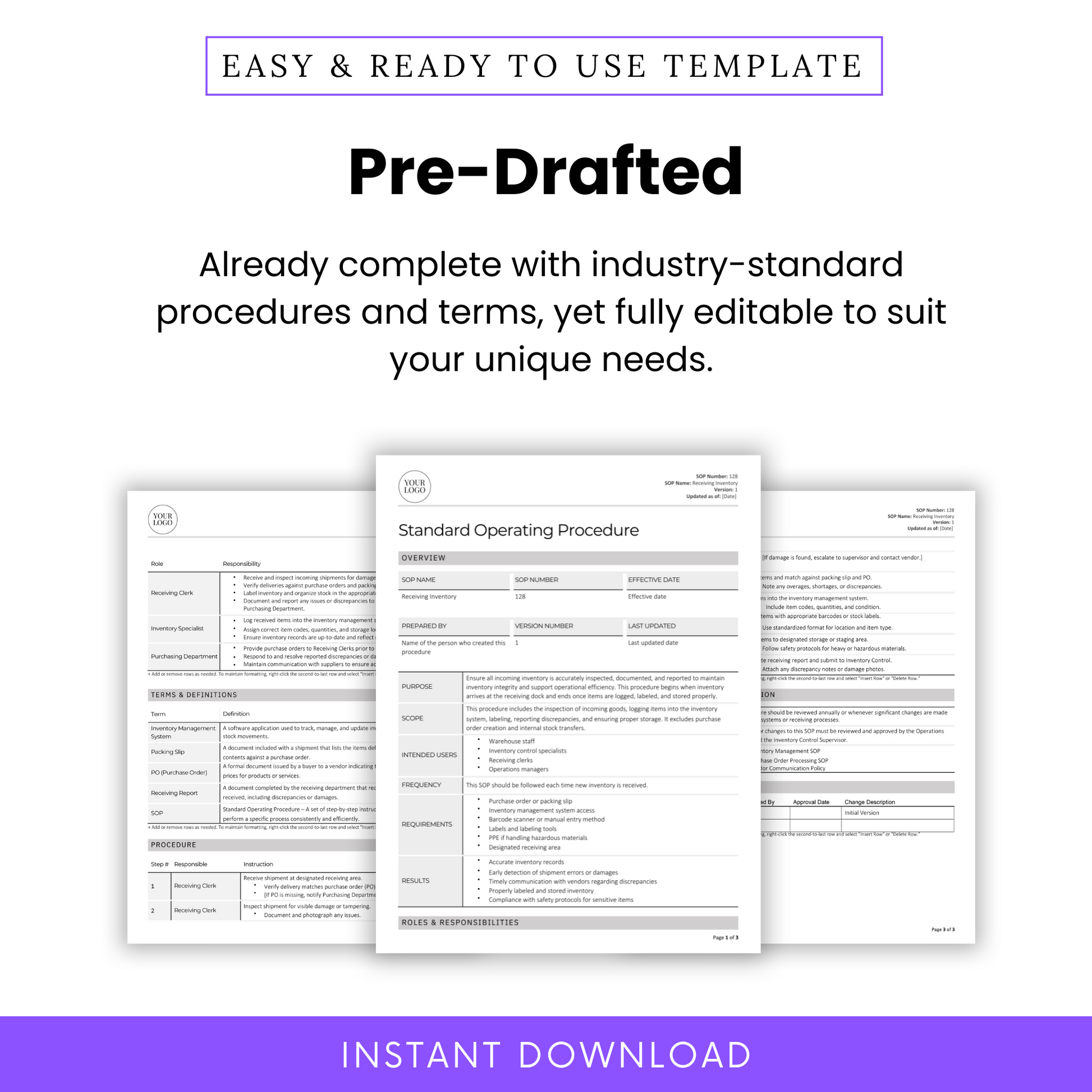 Pre-Drafted SOP Template for Inventory Management and Receiving Inventory – Fully Editable Standard Operating Procedure (SOP) in Word and PDF. Professionally formatted with industry-standard procedures, roles, responsibilities, and definitions. Perfect for warehousing, warehouse inventory, manufacturing, supply chain, and operations management. Customize to fit your business needs. Instant digital download for immediate use.