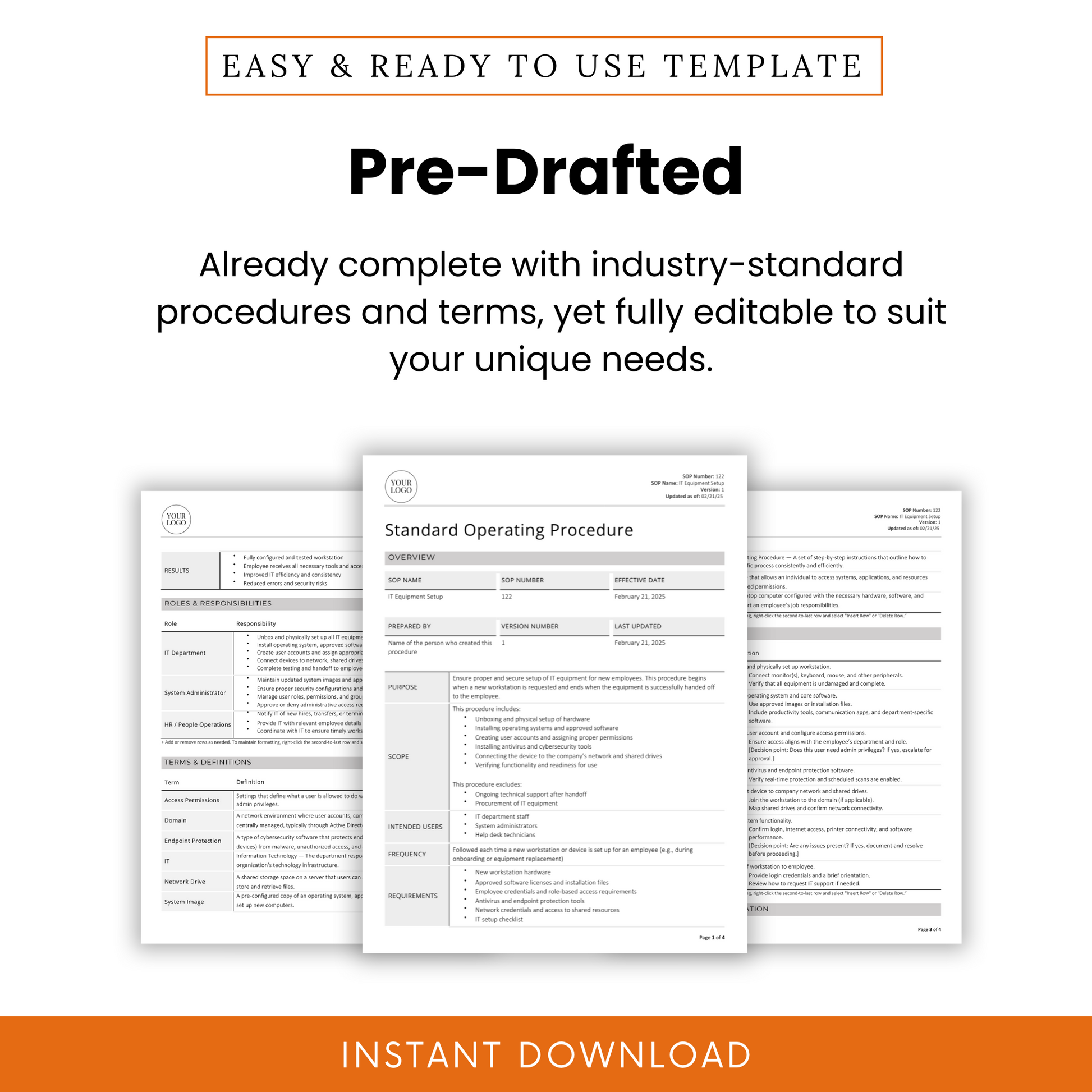 IT Equipment Setup SOP template promotional graphic. Showcases a pre-written, industry-standard document with structured procedures and terms. The image includes a document preview highlighting key sections such as roles and responsibilities, terms and definitions, and procedure steps. The design emphasizes full editability to suit business needs. A purple 'Instant Download' banner at the bottom indicates immediate access upon purchase.