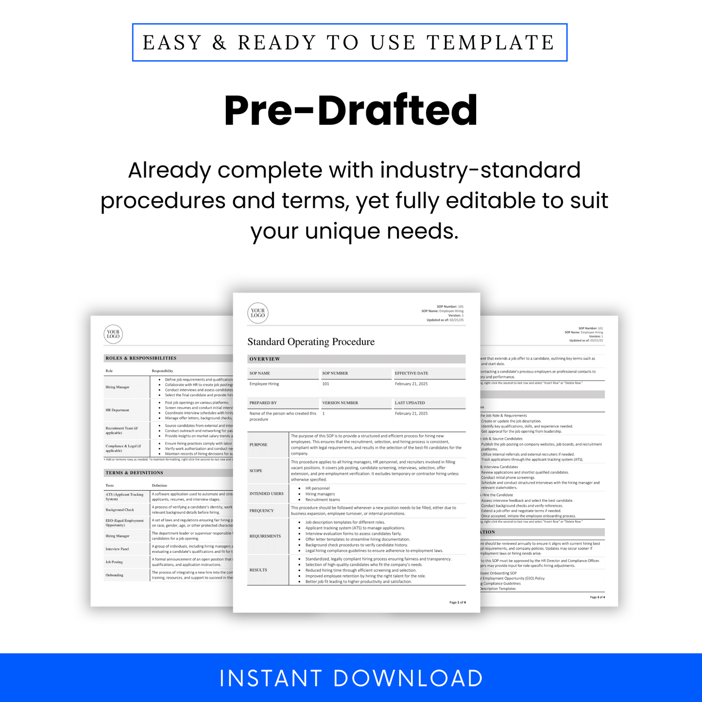 Marketing graphic displaying multiple pages of the SOP document, highlighting its professional layout and completeness for easy customization and use.