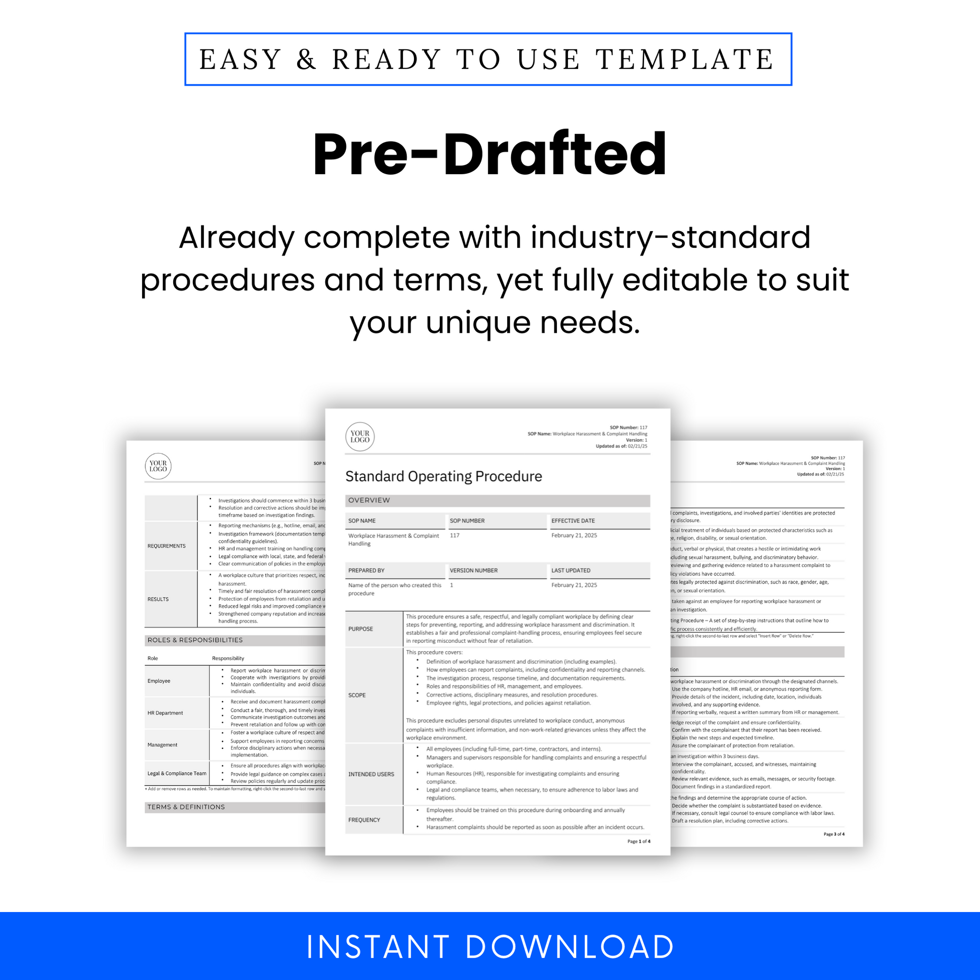 Workplace Harassment & Complaint Handling SOP template promotional graphic. Showcases a pre-written, industry-standard document with structured procedures and terms. The image includes a document preview highlighting key sections such as roles and responsibilities, terms and definitions, and procedure steps. The design emphasizes full editability to suit business needs. A purple 'Instant Download' banner at the bottom indicates immediate access upon purchase.