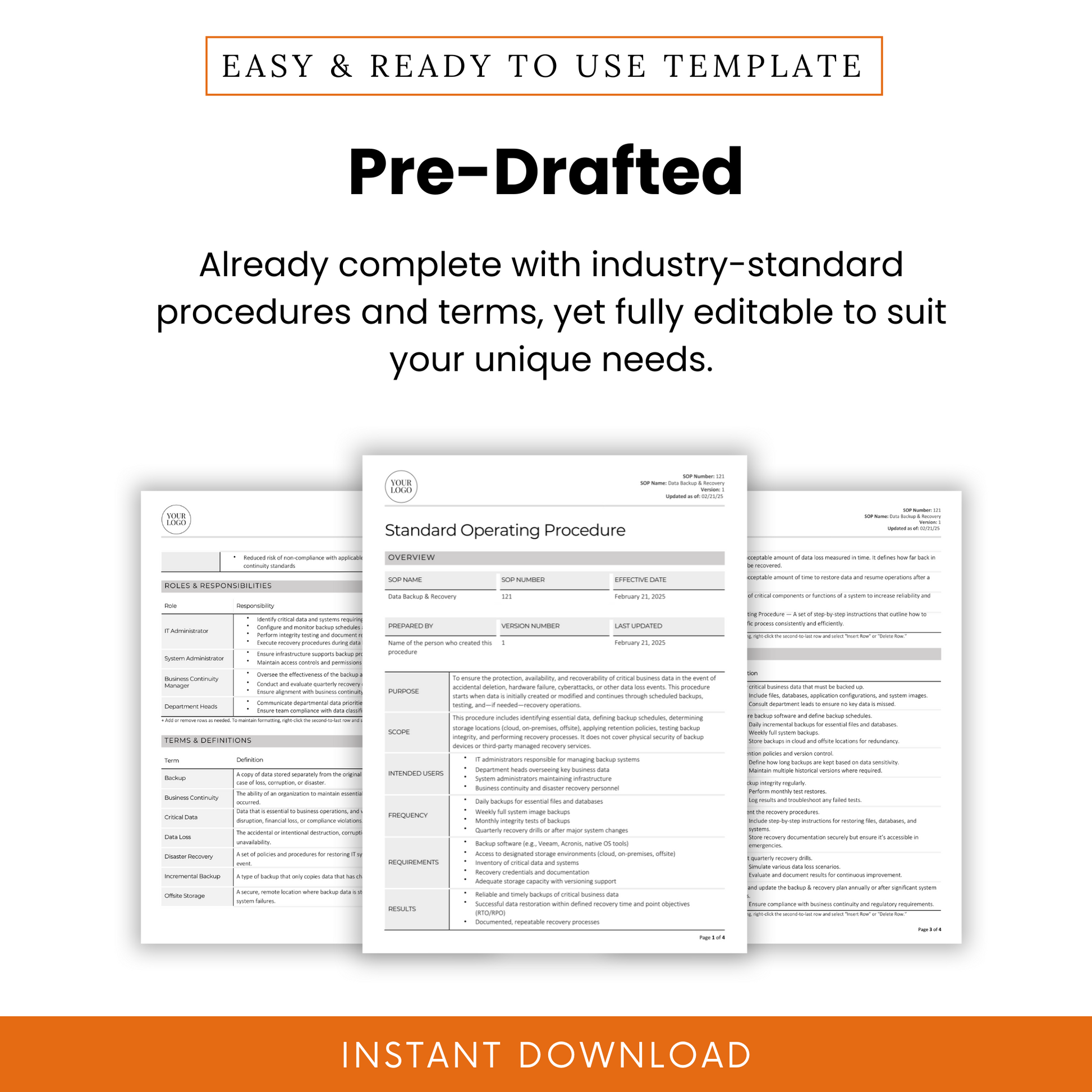 Data Backup and Recovery SOP template promotional graphic. Showcases a pre-written, industry-standard document with structured procedures and terms. The image includes a document preview highlighting key sections such as roles and responsibilities, terms and definitions, and procedure steps. The design emphasizes full editability to suit business needs. A purple 'Instant Download' banner at the bottom indicates immediate access upon purchase.