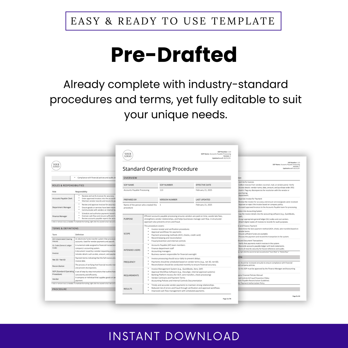Accounts Payable Processing SOP template promotional graphic. Showcases a pre-written, industry-standard document with structured procedures and terms. The image includes a document preview highlighting key sections such as roles and responsibilities, terms and definitions, and procedure steps. The design emphasizes full editability to suit business needs. A purple 'Instant Download' banner at the bottom indicates immediate access upon purchase.