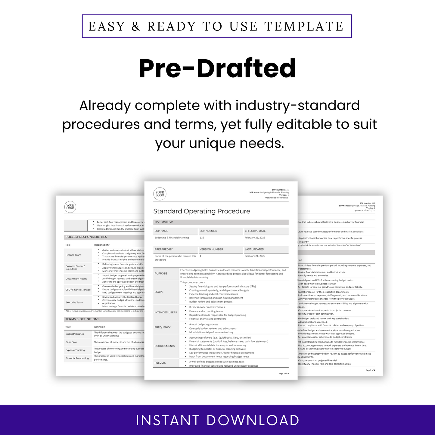 Budgeting & Financial Planning SOP template promotional graphic. Showcases a pre-written, industry-standard document with structured procedures and terms. The image includes a document preview highlighting key sections such as roles and responsibilities, terms and definitions, and procedure steps. The design emphasizes full editability to suit business needs. A purple 'Instant Download' banner at the bottom indicates immediate access upon purchase.