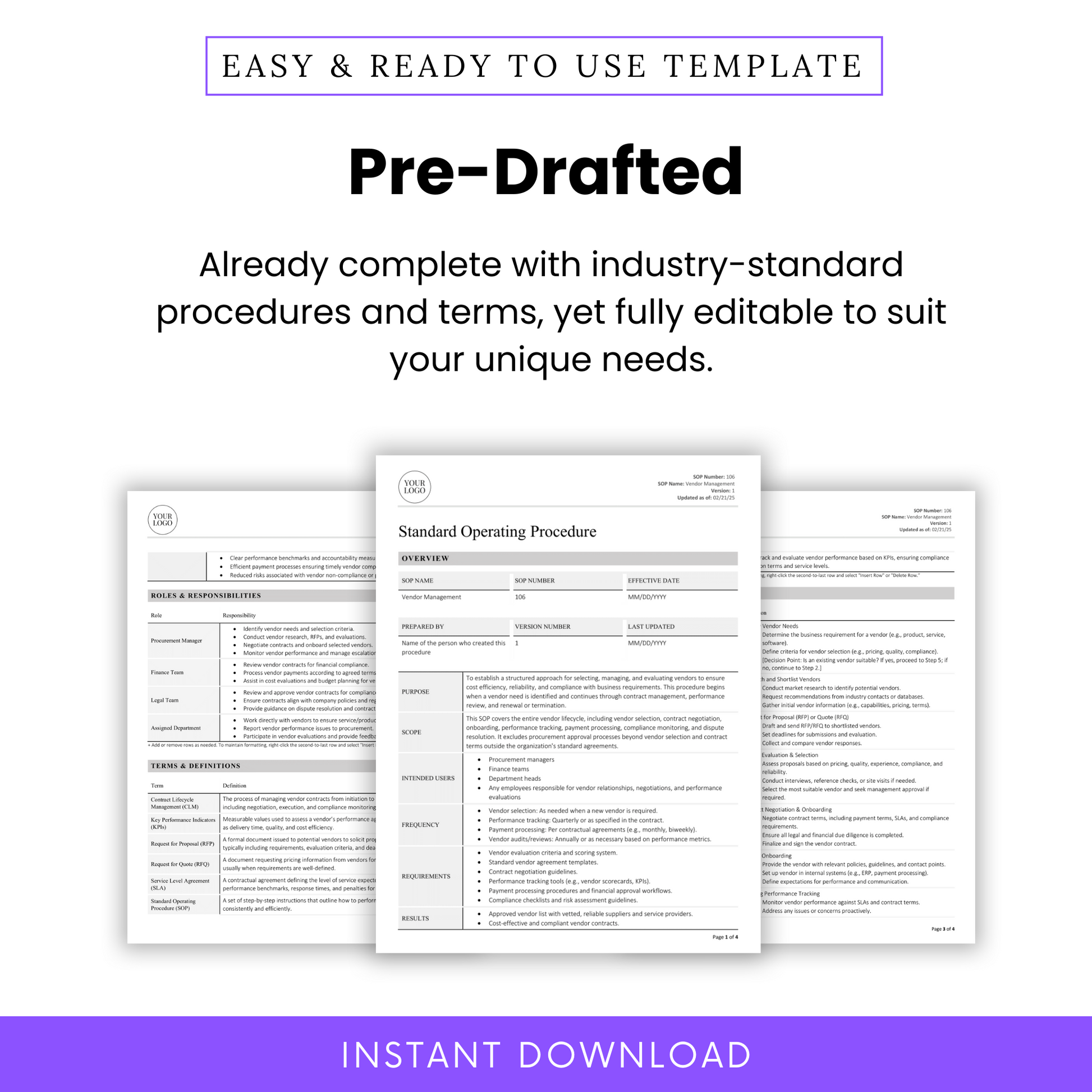 Display of three sample SOP pages emphasizing that the document is fully pre-written with editable procedures, terms, and roles for immediate use.