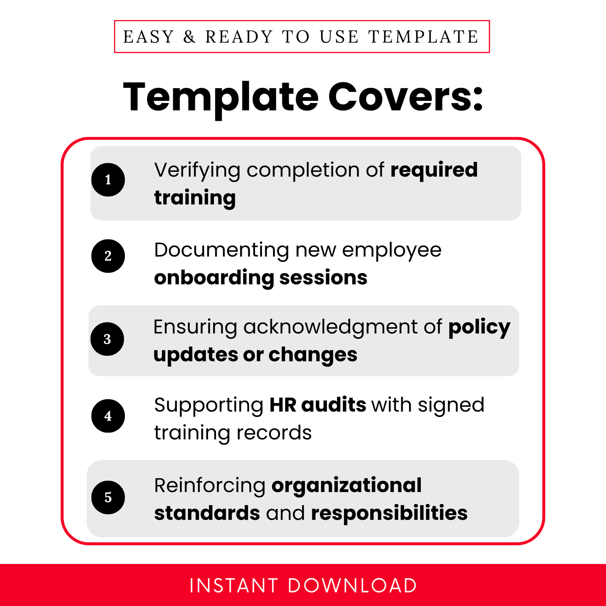 Highlights five uses of the training acknowledgement form template: verifying training completion, documenting onboarding, acknowledging policy updates, supporting HR audits, and reinforcing organizational standards.