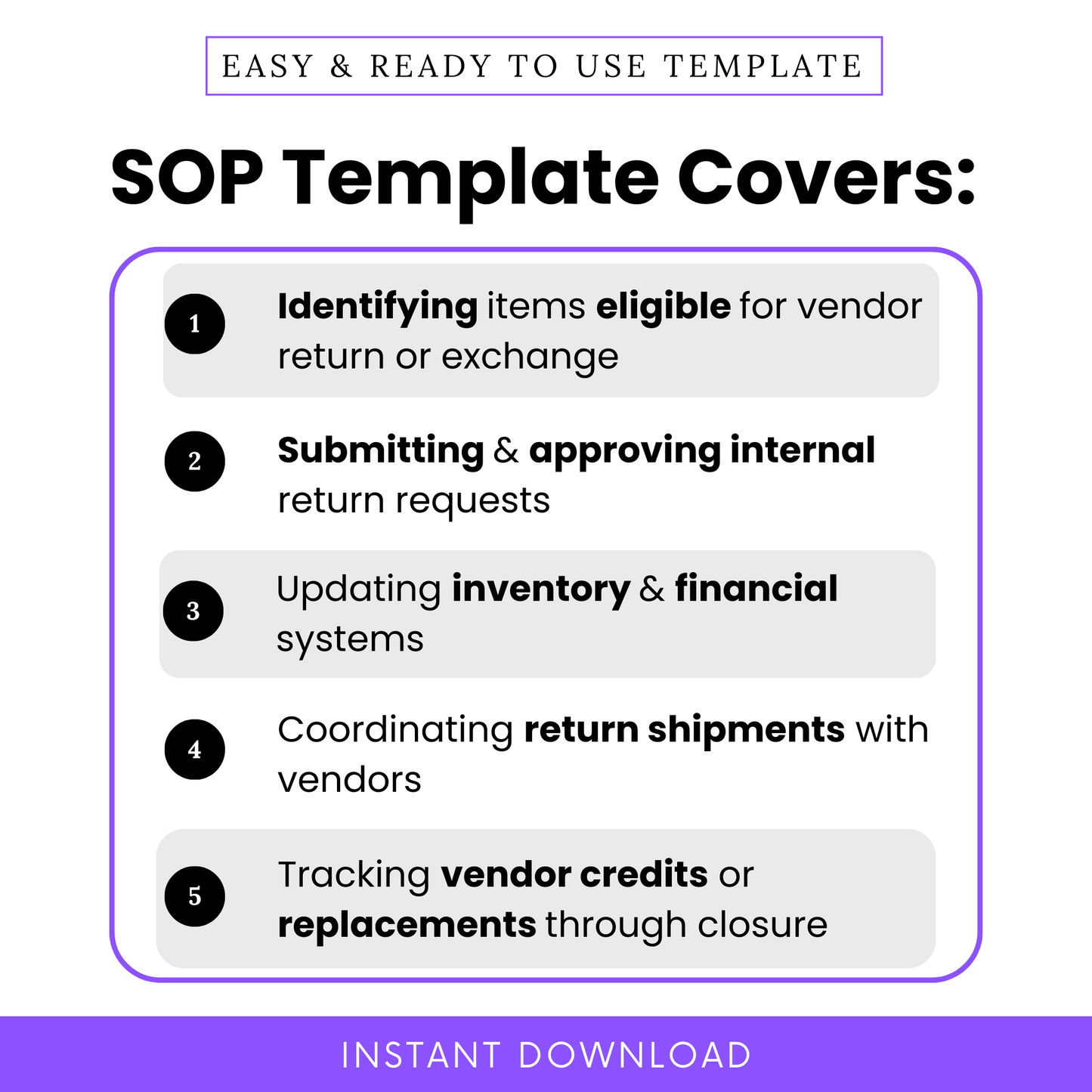 This image is a promotional graphic for an SOP template labeled "Easy & Ready to Use Template – SOP Template Covers." It outlines five key areas the template addresses: identifying items eligible for vendor return or exchange, submitting and approving internal return requests, updating inventory and financial systems, coordinating return shipments with vendors, and tracking vendor credits or replacements through closure. A purple banner at the bottom states "Instant Download."