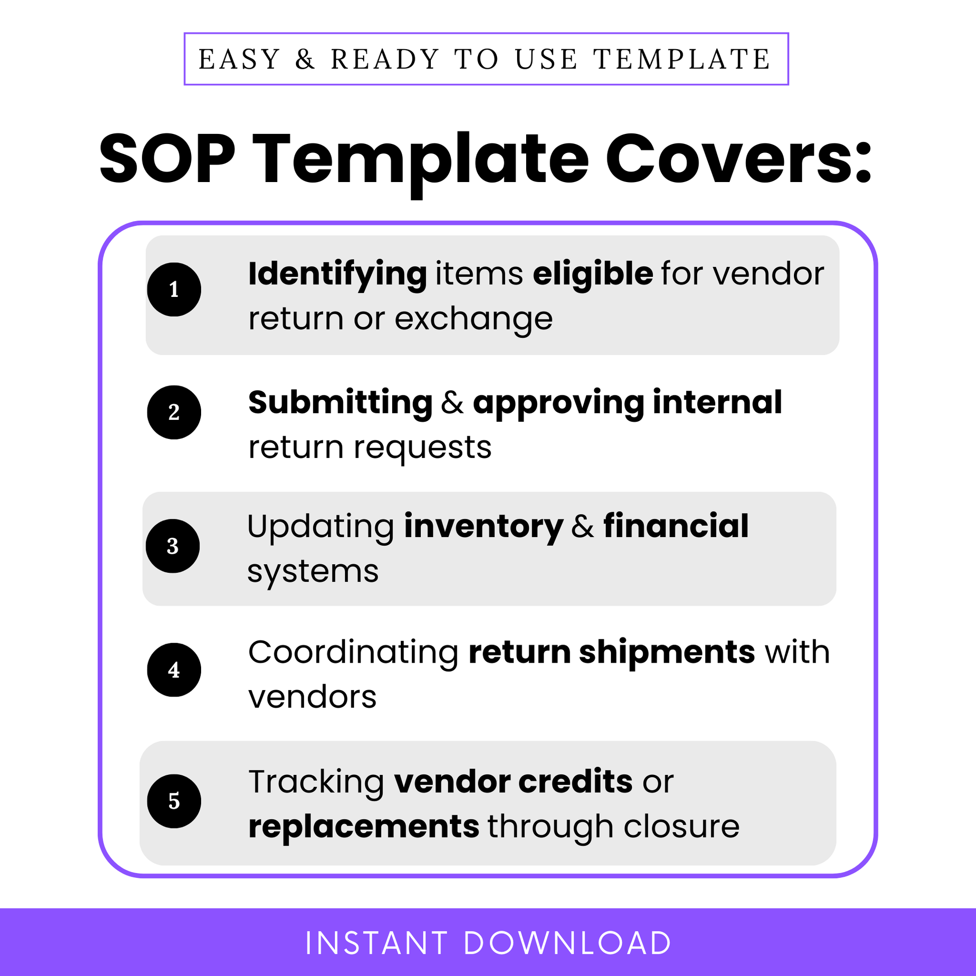 This image is a promotional graphic for an SOP template labeled "Easy & Ready to Use Template – SOP Template Covers." It outlines five key areas the template addresses: identifying items eligible for vendor return or exchange, submitting and approving internal return requests, updating inventory and financial systems, coordinating return shipments with vendors, and tracking vendor credits or replacements through closure. A purple banner at the bottom states "Instant Download."