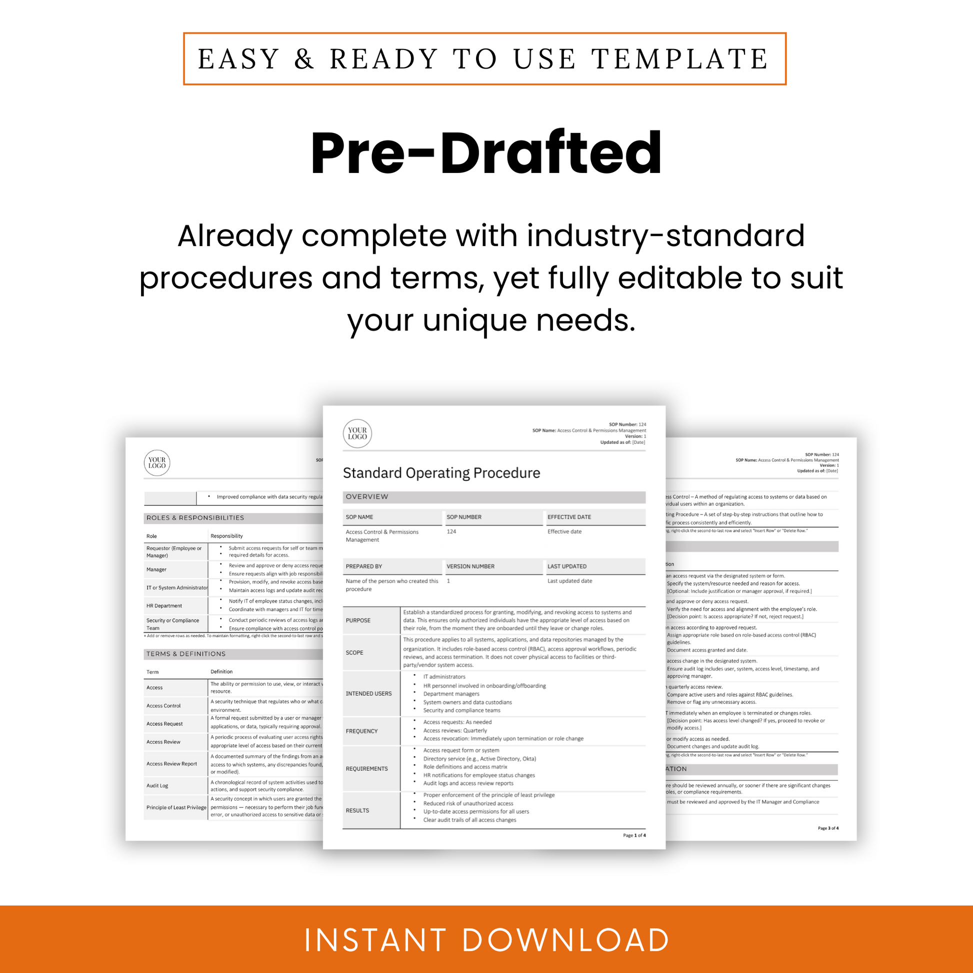 Pre-drafted IT Access Control & Permissions Management SOP Template – ready-to-use standard operating procedure document with fully editable industry-standard content. Includes detailed sections such as roles and responsibilities, terms and definitions, procedure steps, compliance, and documentation. Ideal for IT managers, compliance officers, and businesses that need a structured and secure process. Available as an instant digital download in Word and PDF formats.