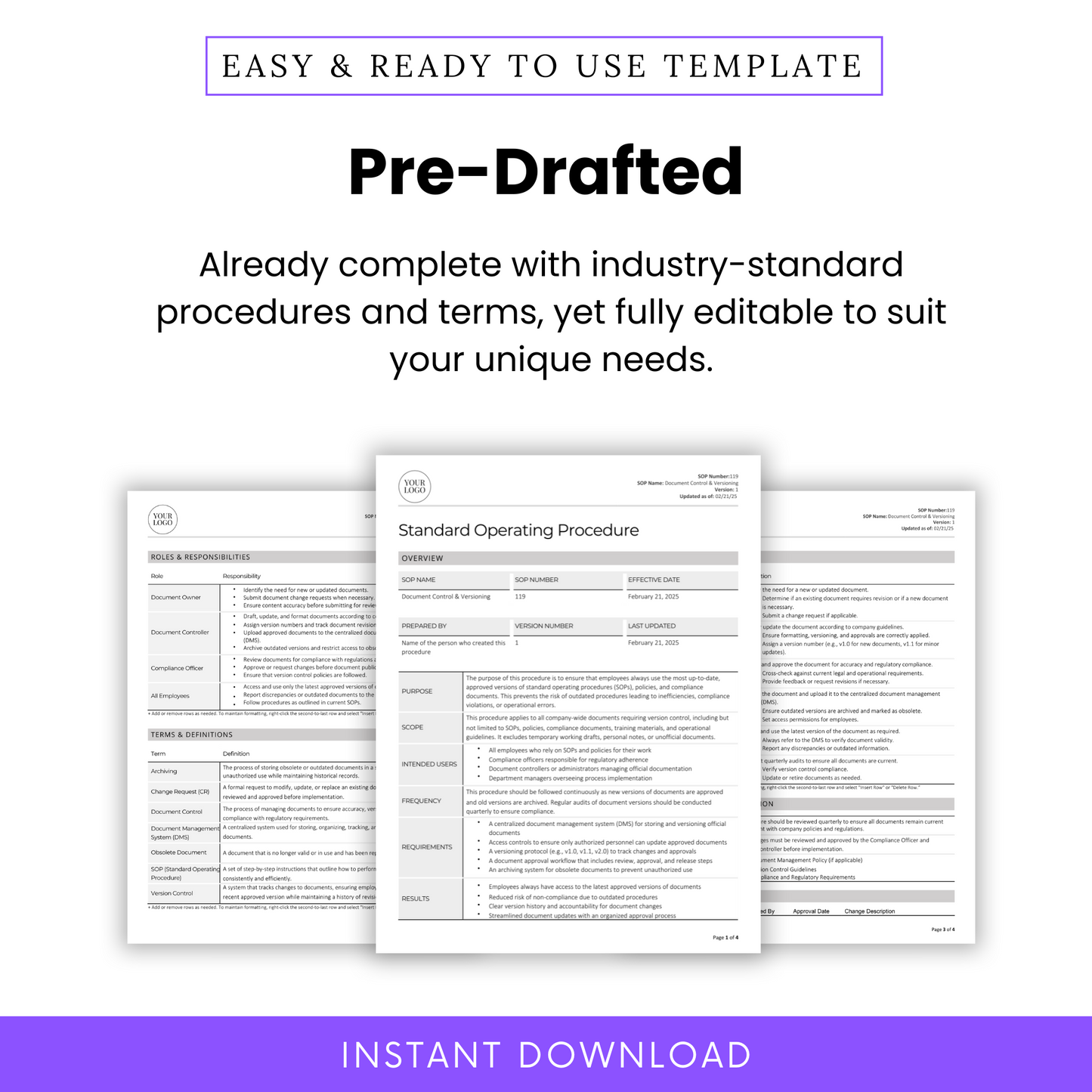 Pre-Drafted SOP Template – Fully Editable Standard Operating Procedure (SOP) in Word and PDF. Professionally formatted with industry-standard procedures, roles, responsibilities, and definitions. Perfect for manufacturing, supply chain, and operations management. Customize to fit your business needs. Instant digital download for immediate use.