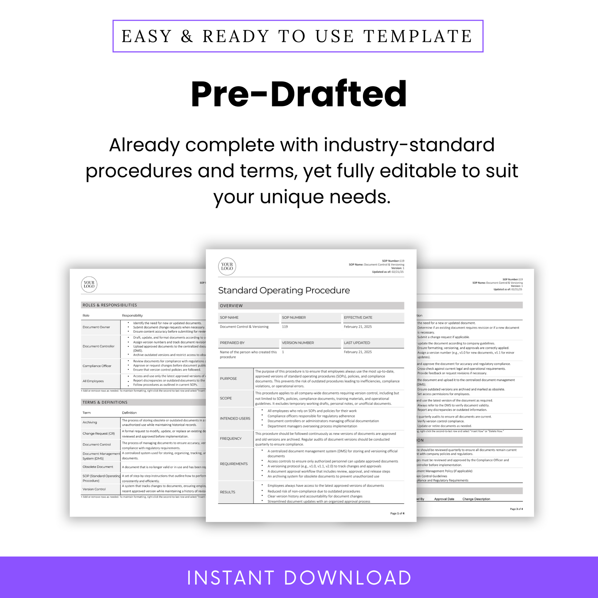 Pre-Drafted SOP Template – Fully Editable Standard Operating Procedure (SOP) in Word and PDF. Professionally formatted with industry-standard procedures, roles, responsibilities, and definitions. Perfect for manufacturing, supply chain, and operations management. Customize to fit your business needs. Instant digital download for immediate use.