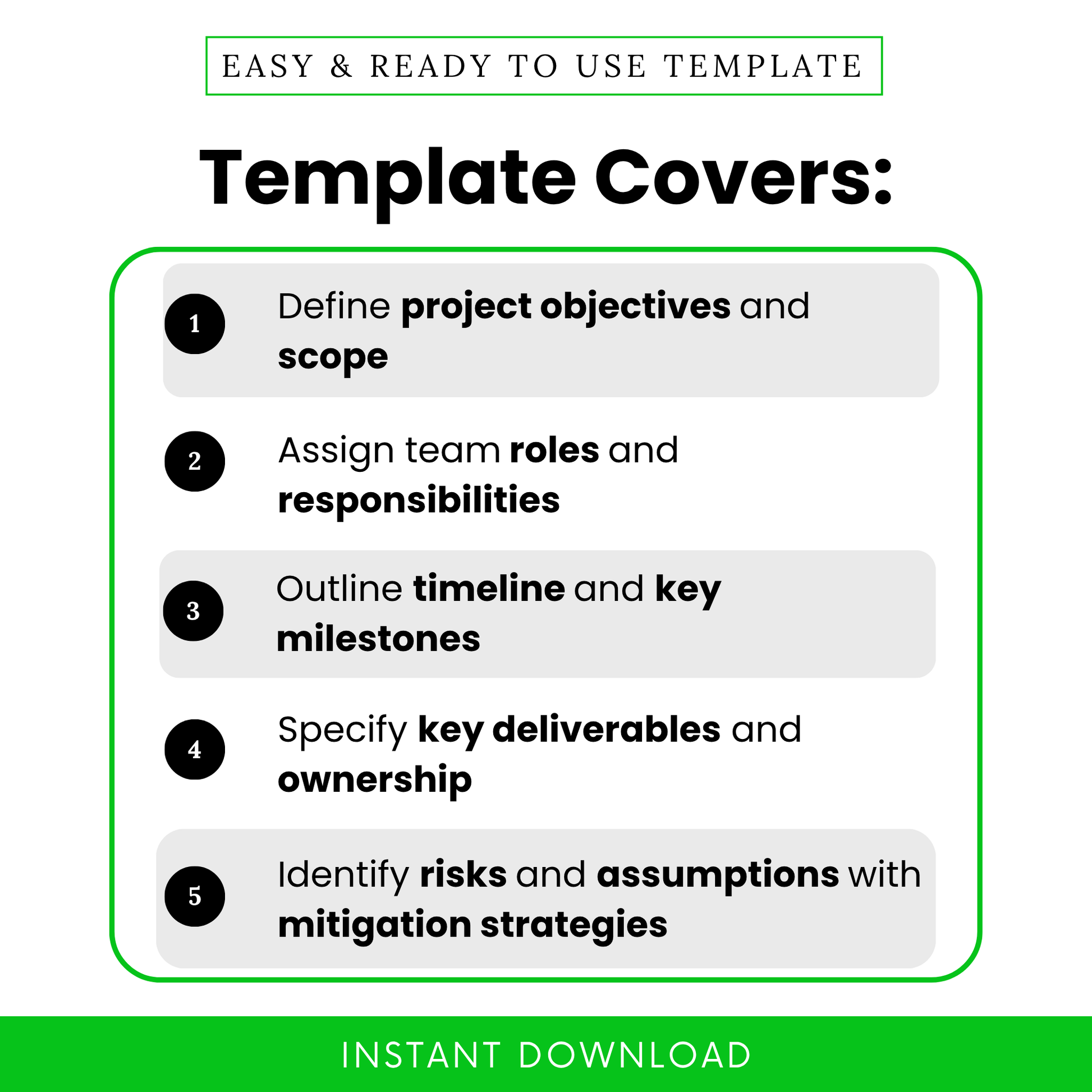 Visual breakdown of key template features including project objectives, responsibilities, milestones, deliverables, and risk strategies.