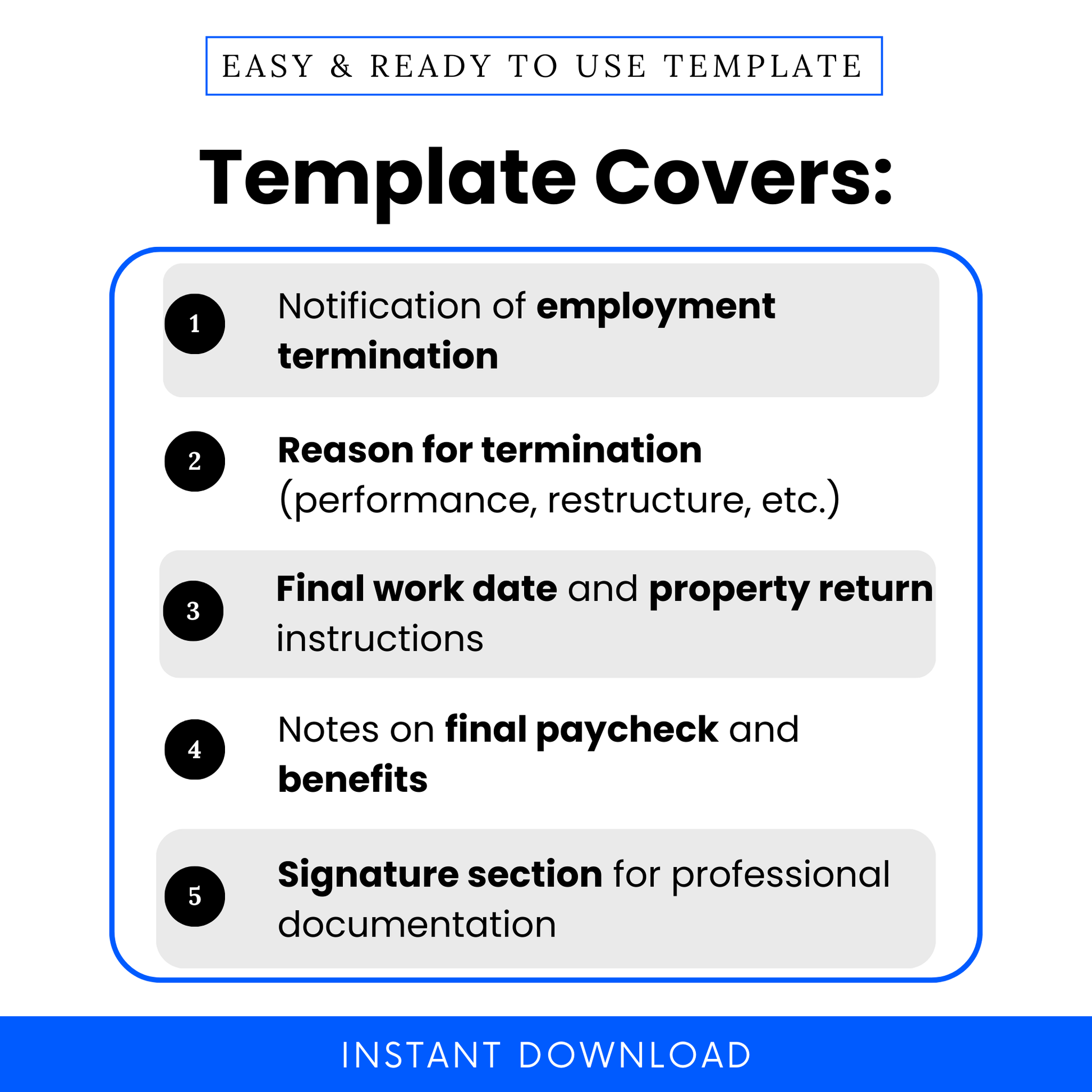 List of what the Employment Termination Letter template covers, including notification of termination, reasons for termination, final work date, paycheck notes, and signature section.