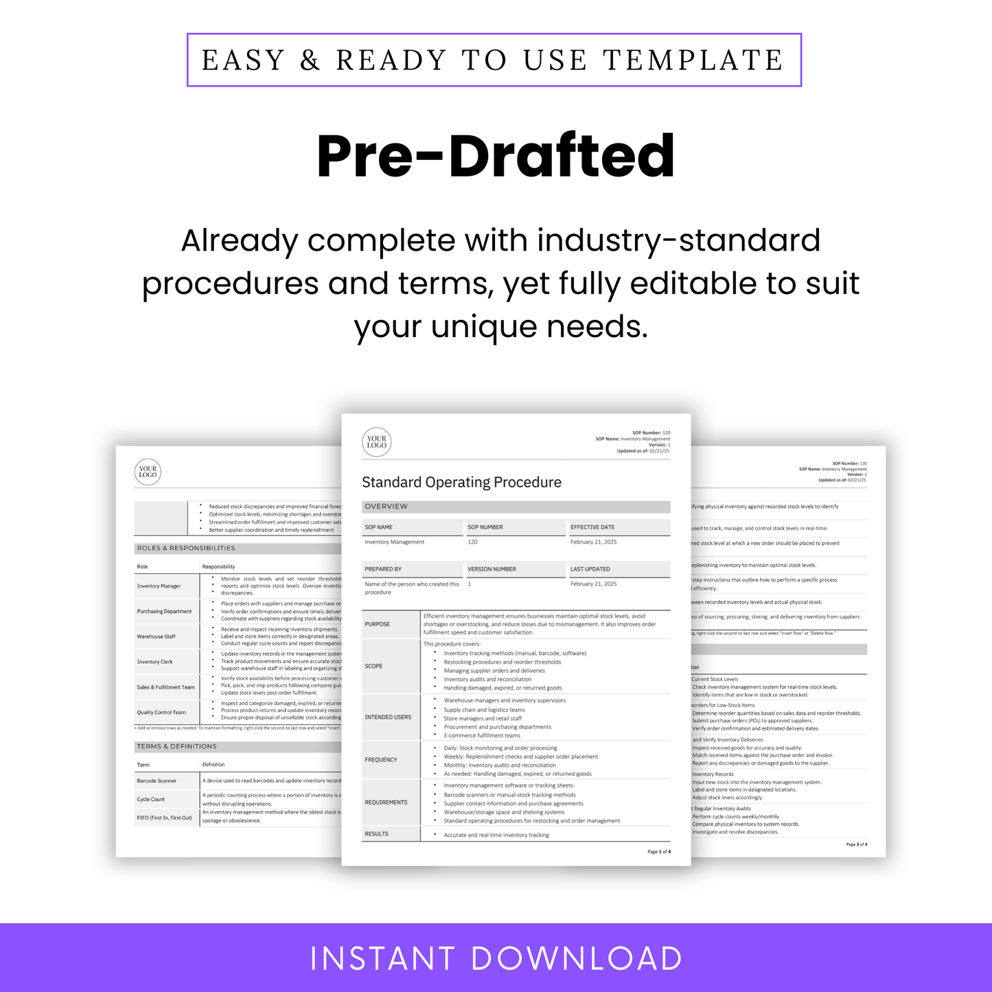 Pre-Drafted SOP Template for Inventory Management – Fully Editable Standard Operating Procedure (SOP) in Word and PDF. Professionally formatted with industry-standard procedures, roles, responsibilities, and definitions. Perfect for manufacturing, supply chain, and operations management. Customize to fit your business needs. Instant digital download for immediate use.