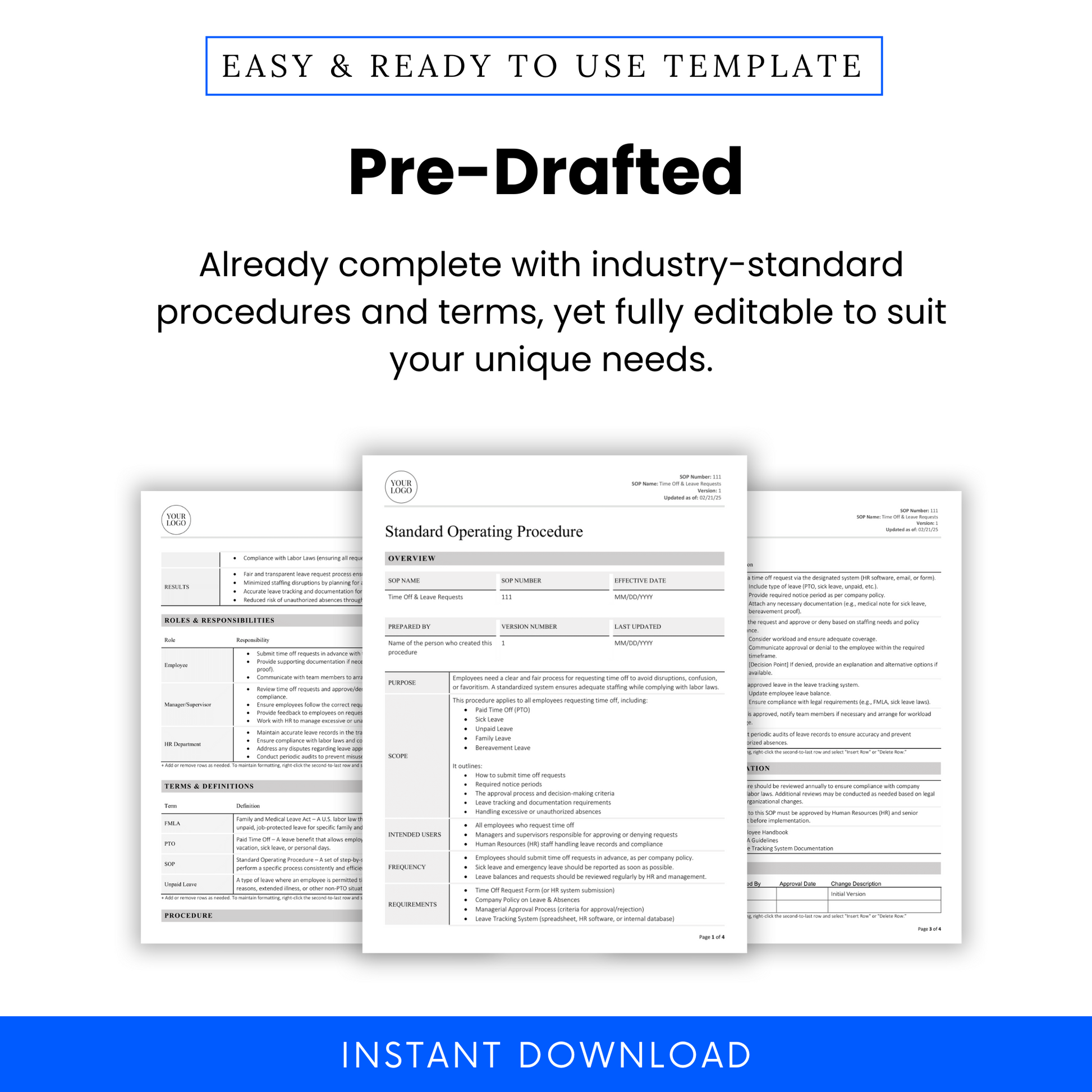 Pre-drafted SOP template with text about industry-standard procedures and unique needs.