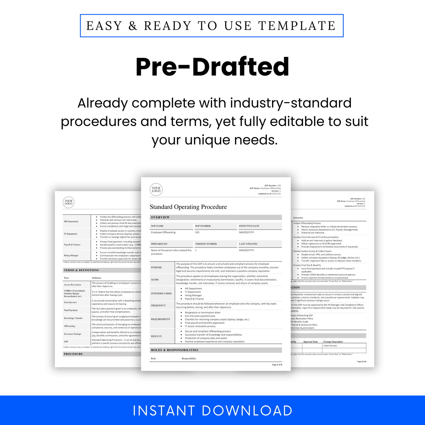 Marketing graphic showcasing multiple pages of the SOP template, emphasizing pre-drafted, industry-standard content that’s ready to customize for any organization.