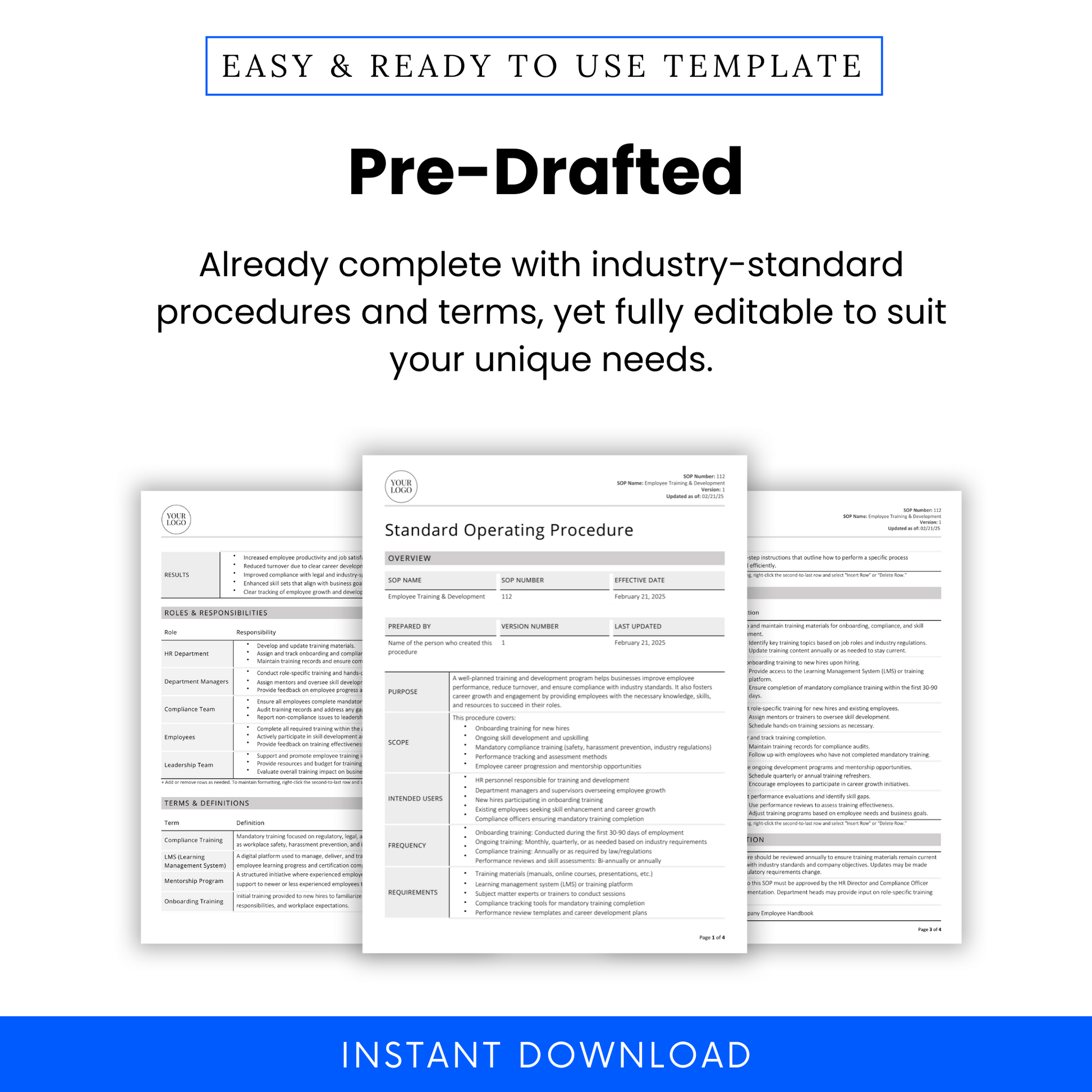 Employee Training & Development SOP template promotional graphic. Showcases a pre-written, industry-standard document with structured procedures and terms. The image includes a document preview highlighting key sections such as roles and responsibilities, terms and definitions, and procedure steps. The design emphasizes full editability to suit business needs. A purple 'Instant Download' banner at the bottom indicates immediate access upon purchase.