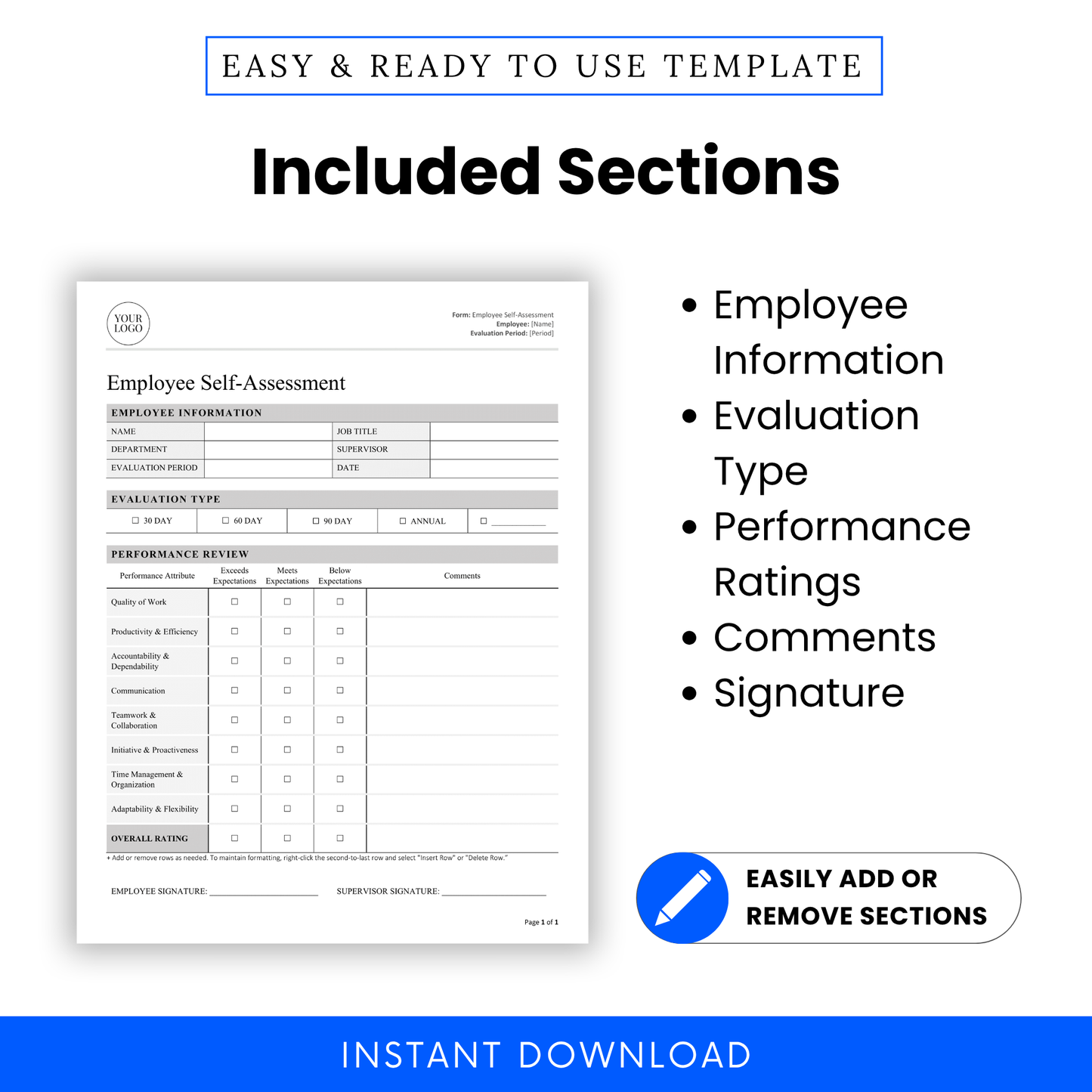 Employee self-assessment form with included sections: employee info, evaluation type, performance attributes, comments, and signature lines.