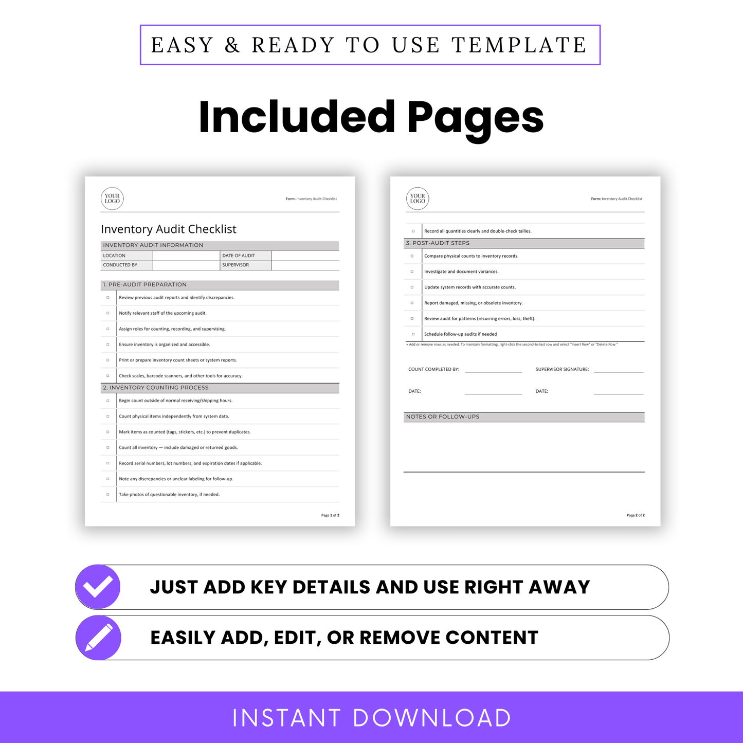 Preview of included pages in the Inventory Audit Checklist template, displaying the full two-page layout with space for pre-audit, counting process, post-audit review, and signature lines.