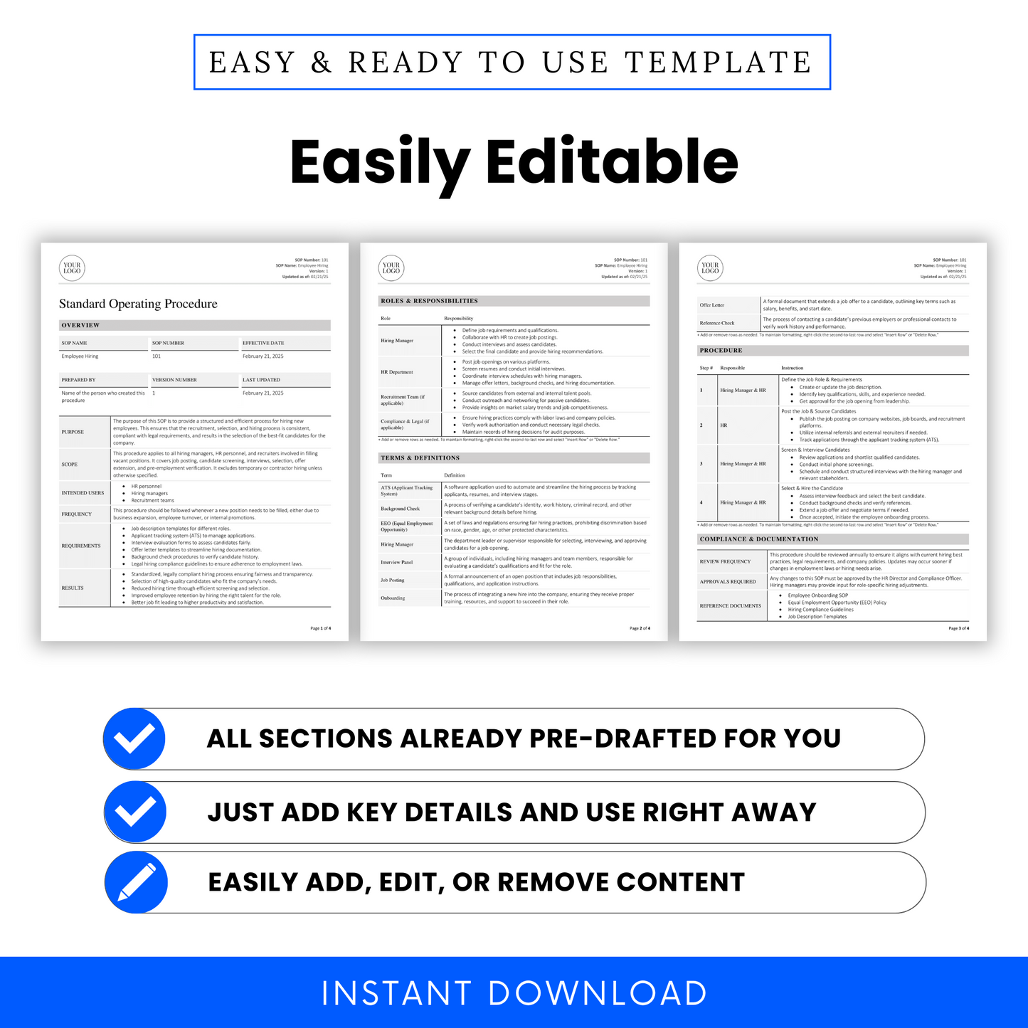 Side-by-side comparison of three SOP template pages showing editable sections for roles, definitions, and compliance, emphasizing drag-and-drop flexibility and user control.