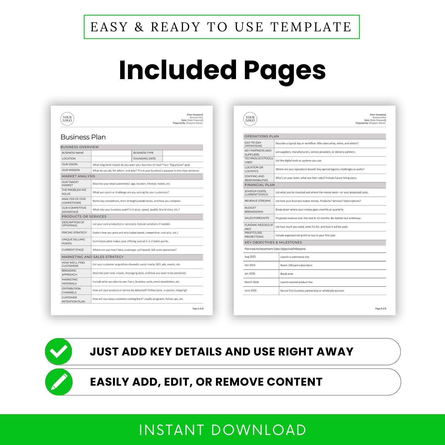 Preview of the two included pages of the business plan template format. Highlights benefits: all sections pre-formatted, easy to add or remove content, and just plug in details to use right away. Clean, modern layout.
