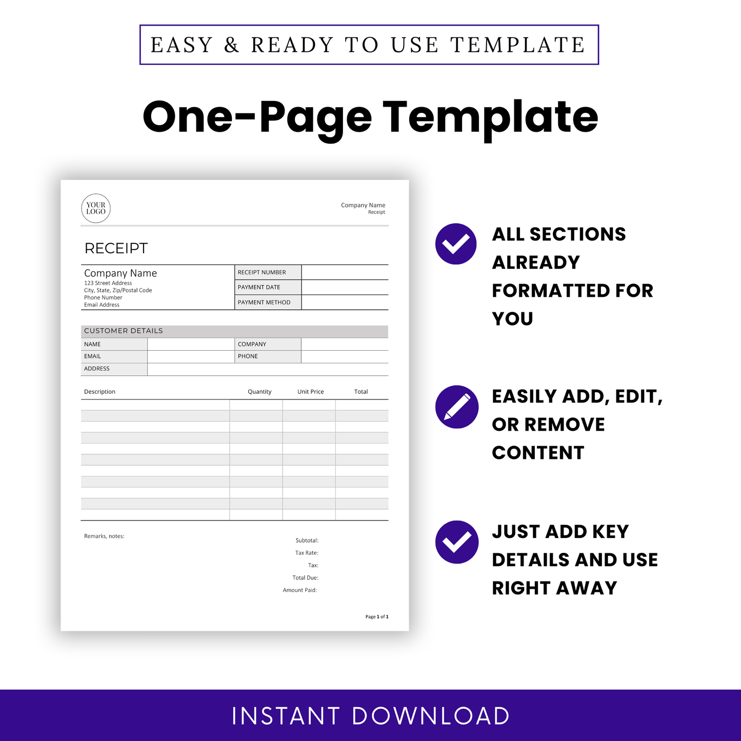 One-page Payment Receipt Template showing a clean, structured layout with sections for business info, customer details, itemized charges, tax, and total. Highlights include pre-formatted sections, easy customization, and instant download. Editable in Word and ready to use.