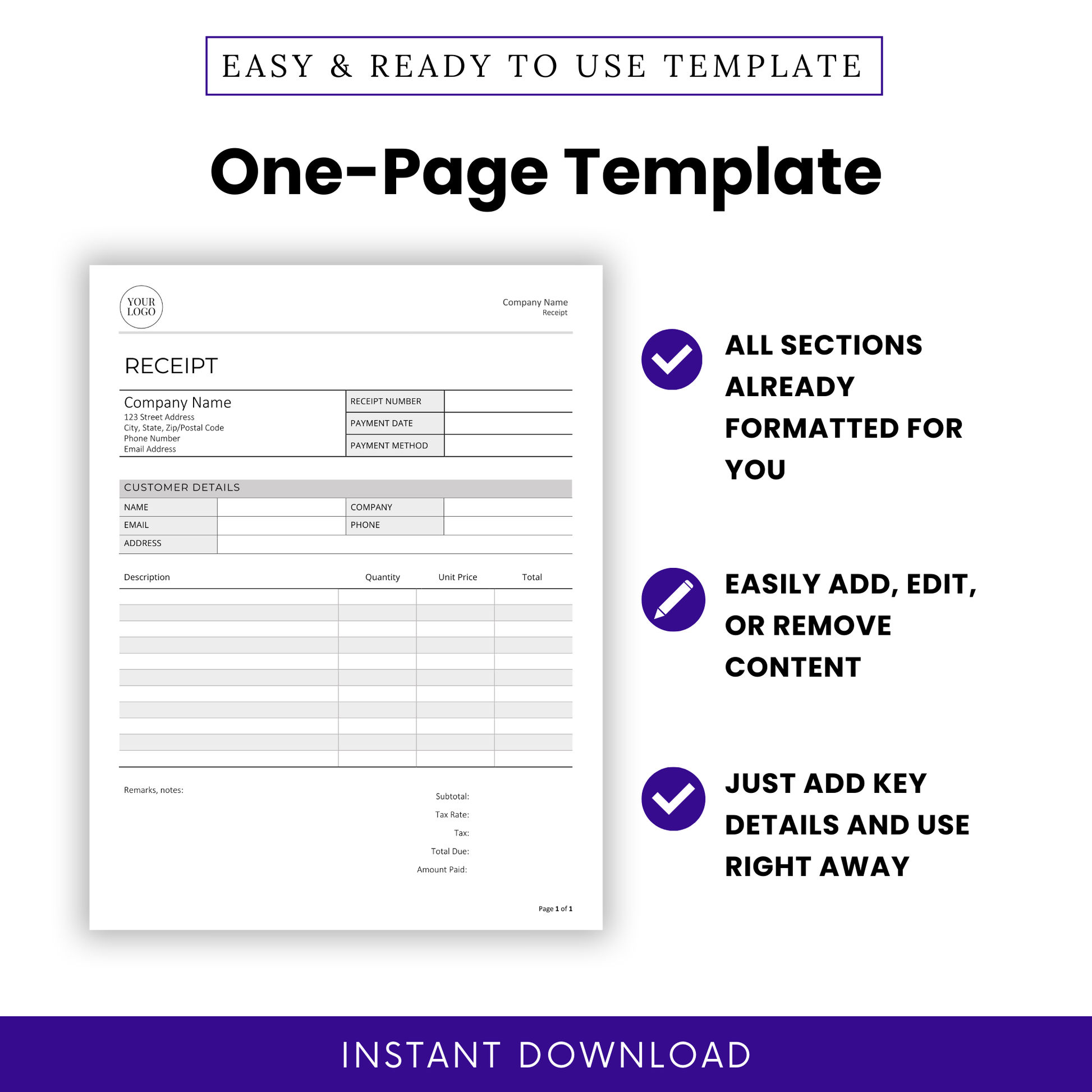 One-page Payment Receipt Template showing a clean, structured layout with sections for business info, customer details, itemized charges, tax, and total. Highlights include pre-formatted sections, easy customization, and instant download. Editable in Word and ready to use.