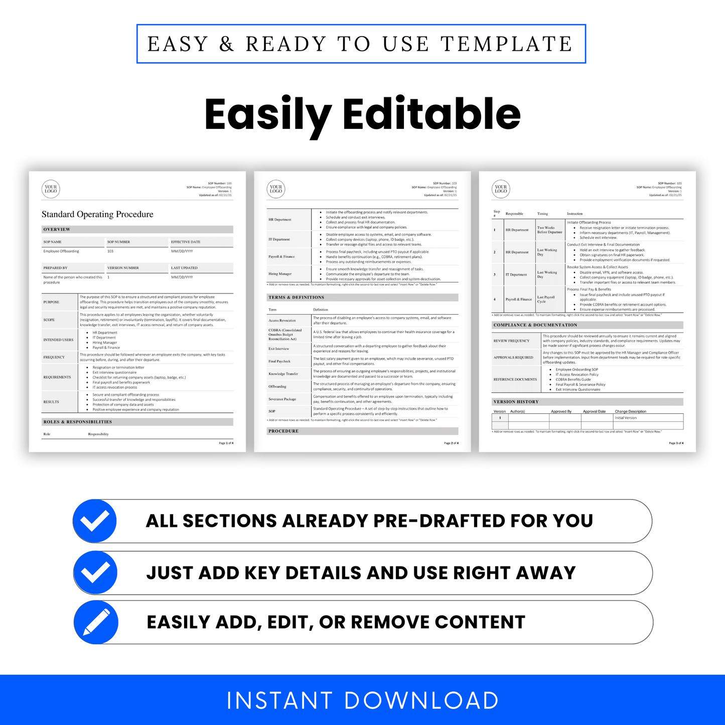 Side-by-side display of three template pages from the Employee Offboarding SOP showing editable sections for roles, terms, and procedures with drag-and-drop simplicity.