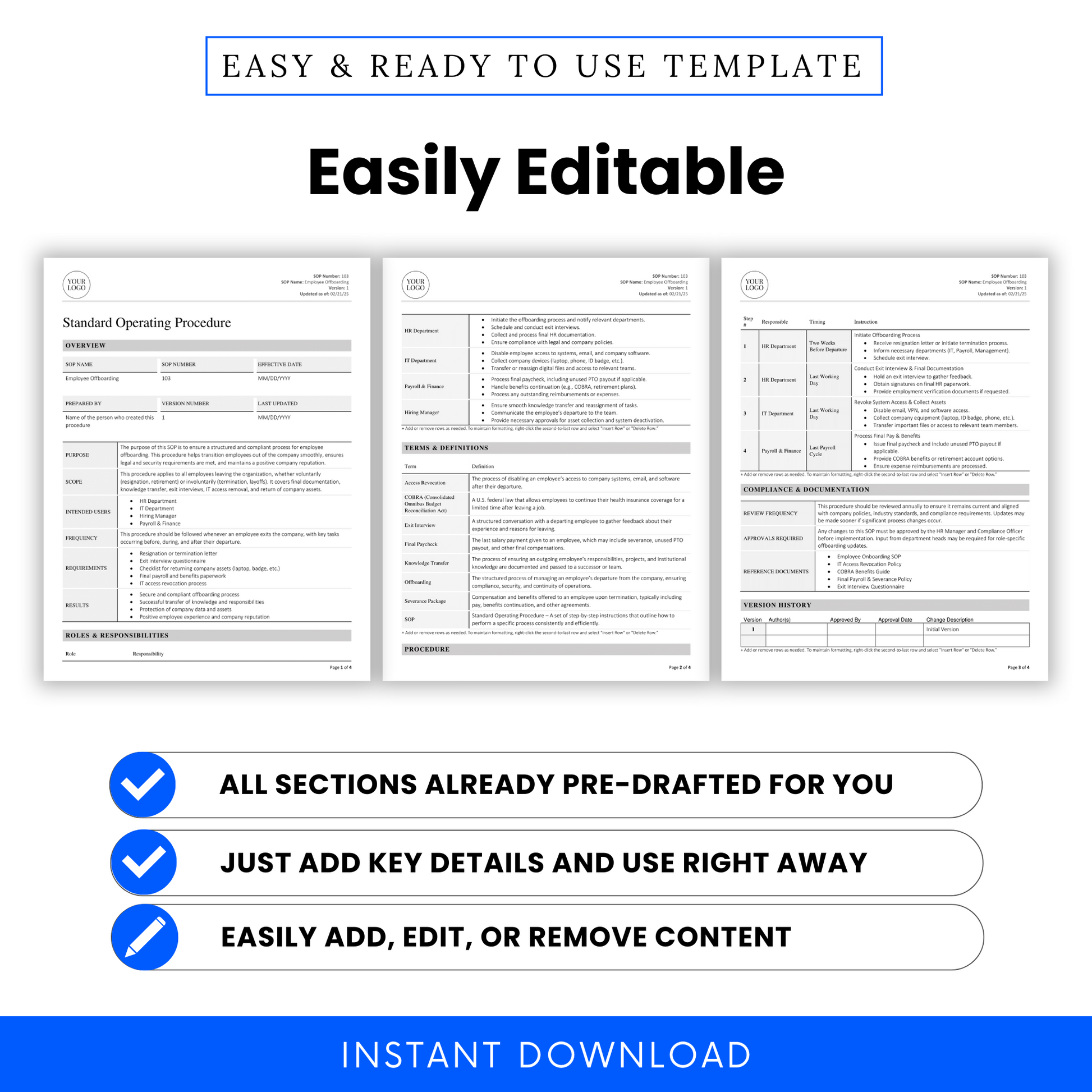 Side-by-side display of three template pages from the Employee Offboarding SOP showing editable sections for roles, terms, and procedures with drag-and-drop simplicity.