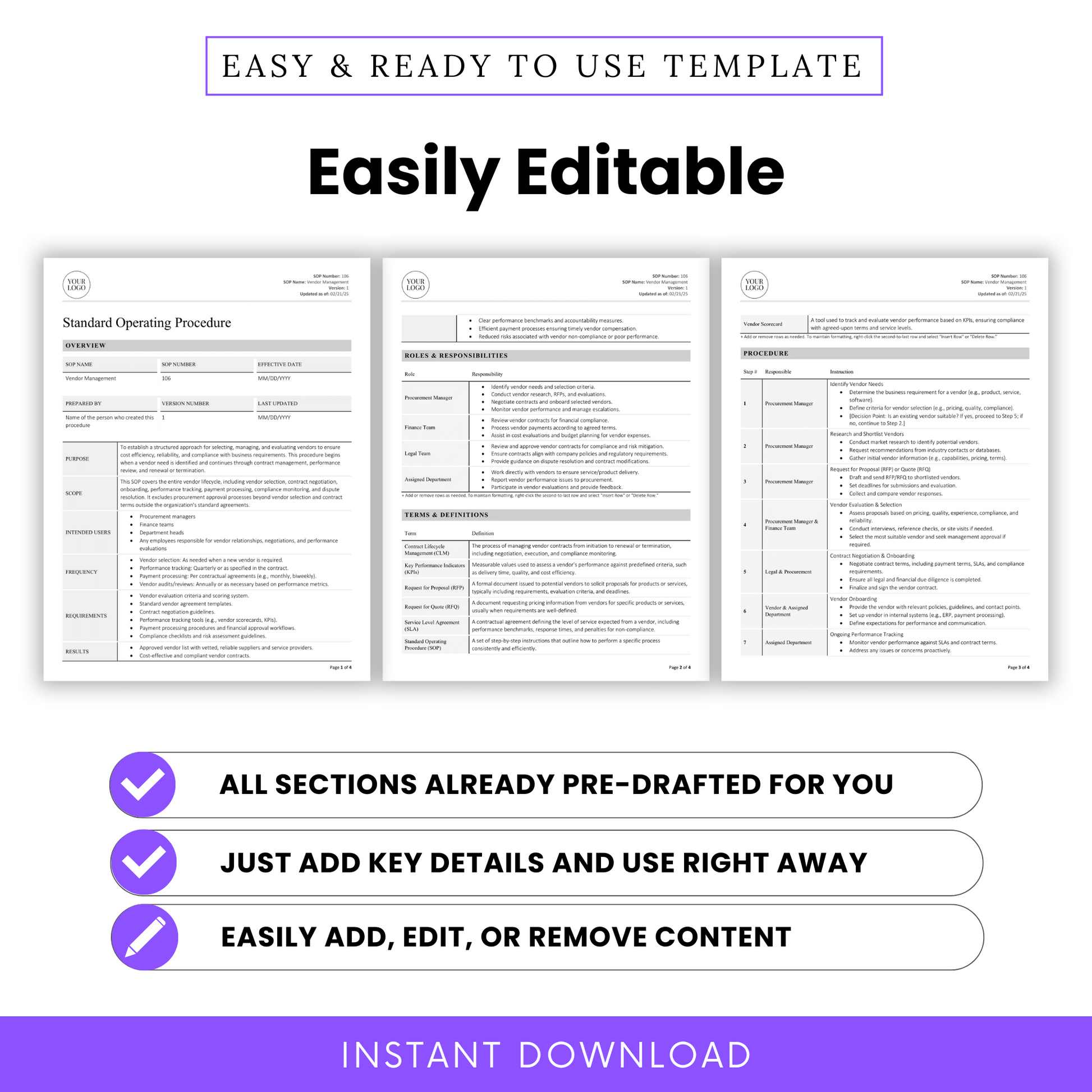 Image showing three pages of the Vendor Management SOP side by side with key points emphasizing its pre-drafted structure and ease of customization.
