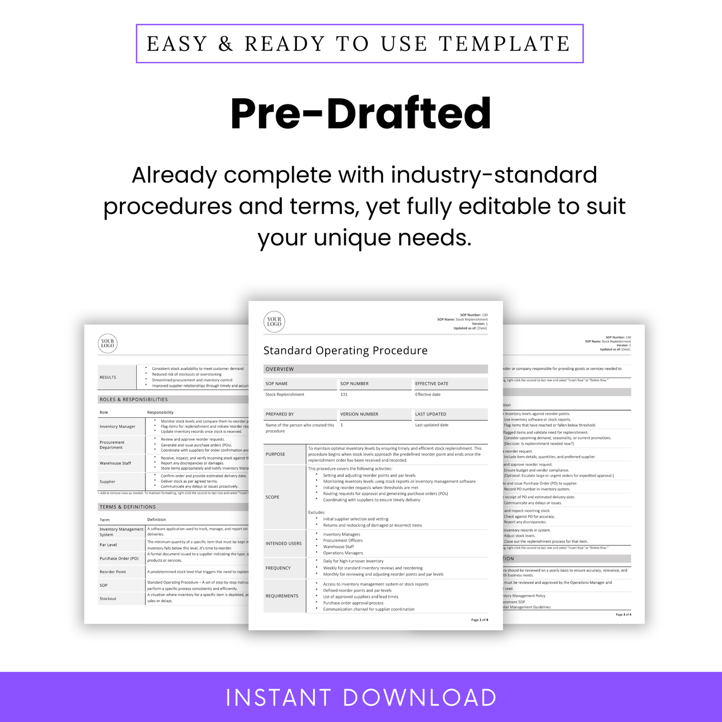 Pre-drafted Stock Replenishment SOP Template with industry-standard procedures and terminology. Fully editable to suit your business needs. Includes structured sections like roles, definitions, and inventory workflows. Instant download in Word and PDF format.