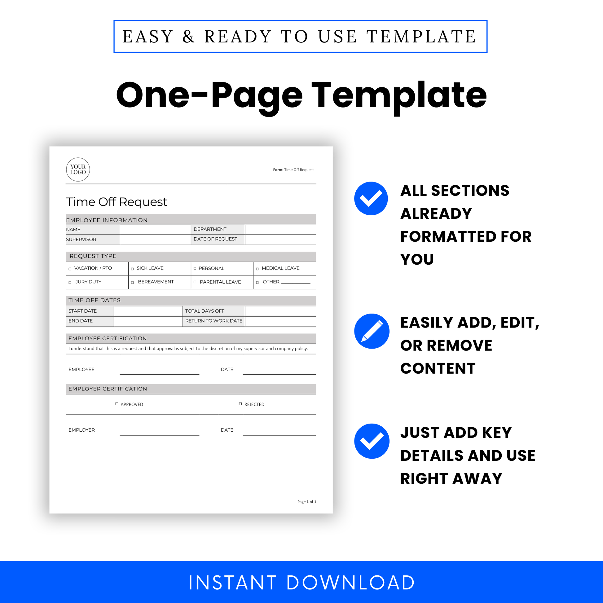 Preview of single-page Time Off Request Form with employee and supervisor fields, designed for quick use, editing, and printable download.