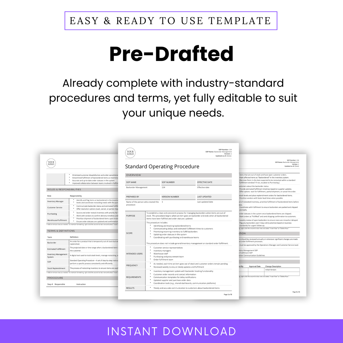 Pre-drafted Backorder Management SOP Template with industry-standard procedures and terminology. Fully editable to suit your business needs. Includes structured sections like roles, definitions, and inventory workflows. Instant download in Word and PDF format.