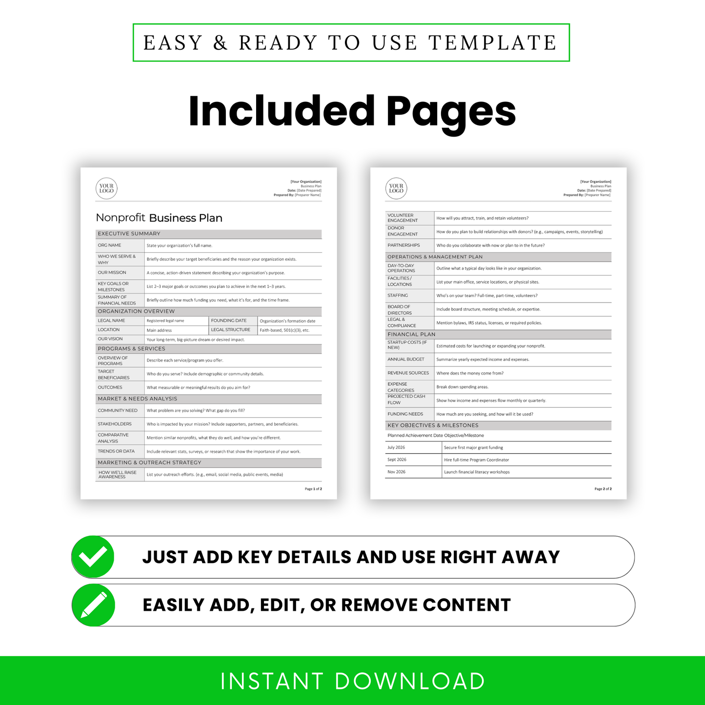 Preview of two pages included in the nonprofit business plan template, with labels showing editable sections like executive summary, programs, marketing, financial plan, and objectives. Checkmarks show benefits: just add details and edit easily.