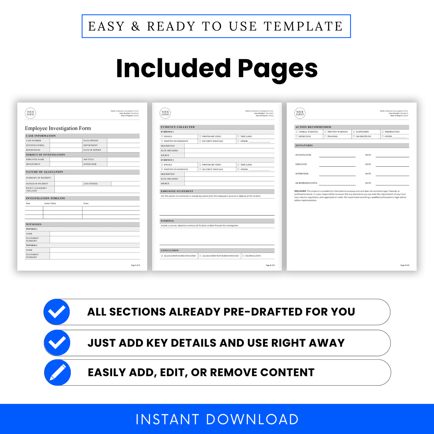 Visual of all three form pages: investigation form, evidence collected, and final decision/recommendation—ready to fill, edit, or print.