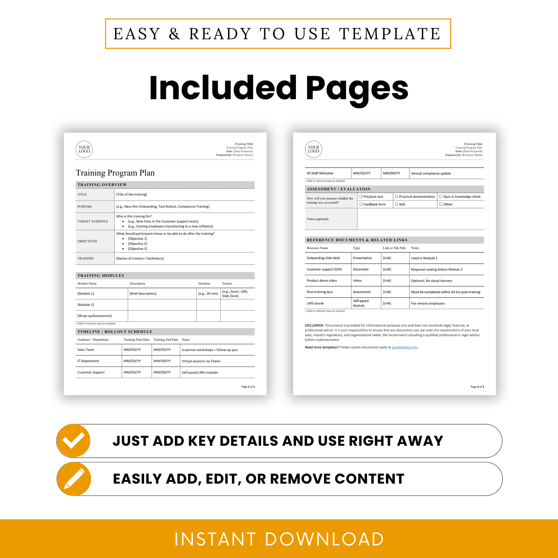 Preview of two template pages showing training module breakdowns, rollout schedule, and evaluation fields for ease of use.