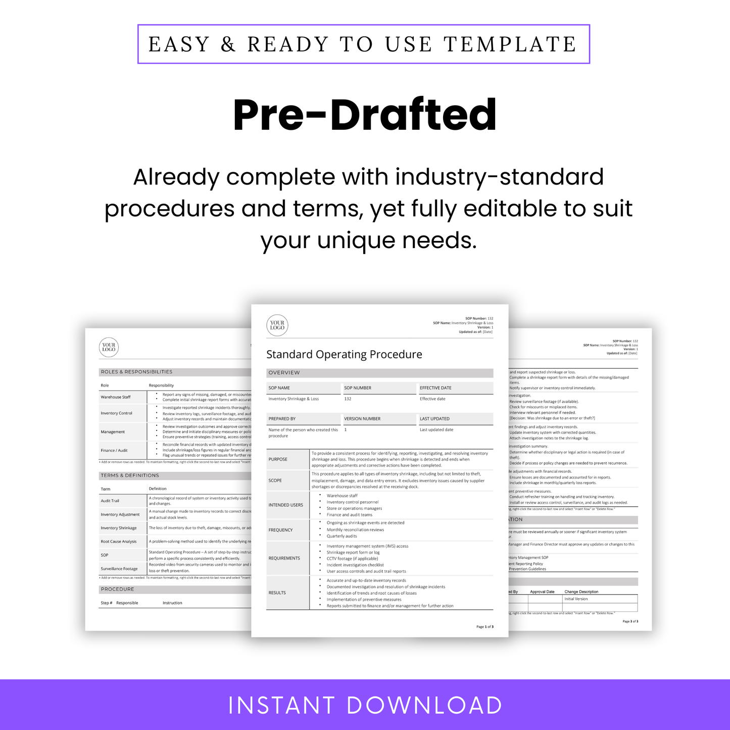 Pre-drafted Inventory Shrinkage & Loss SOP Template with industry-standard procedures and terminology. Fully editable to suit your business needs. Includes structured sections like roles, definitions, and inventory workflows. Instant download in Word and PDF format.
