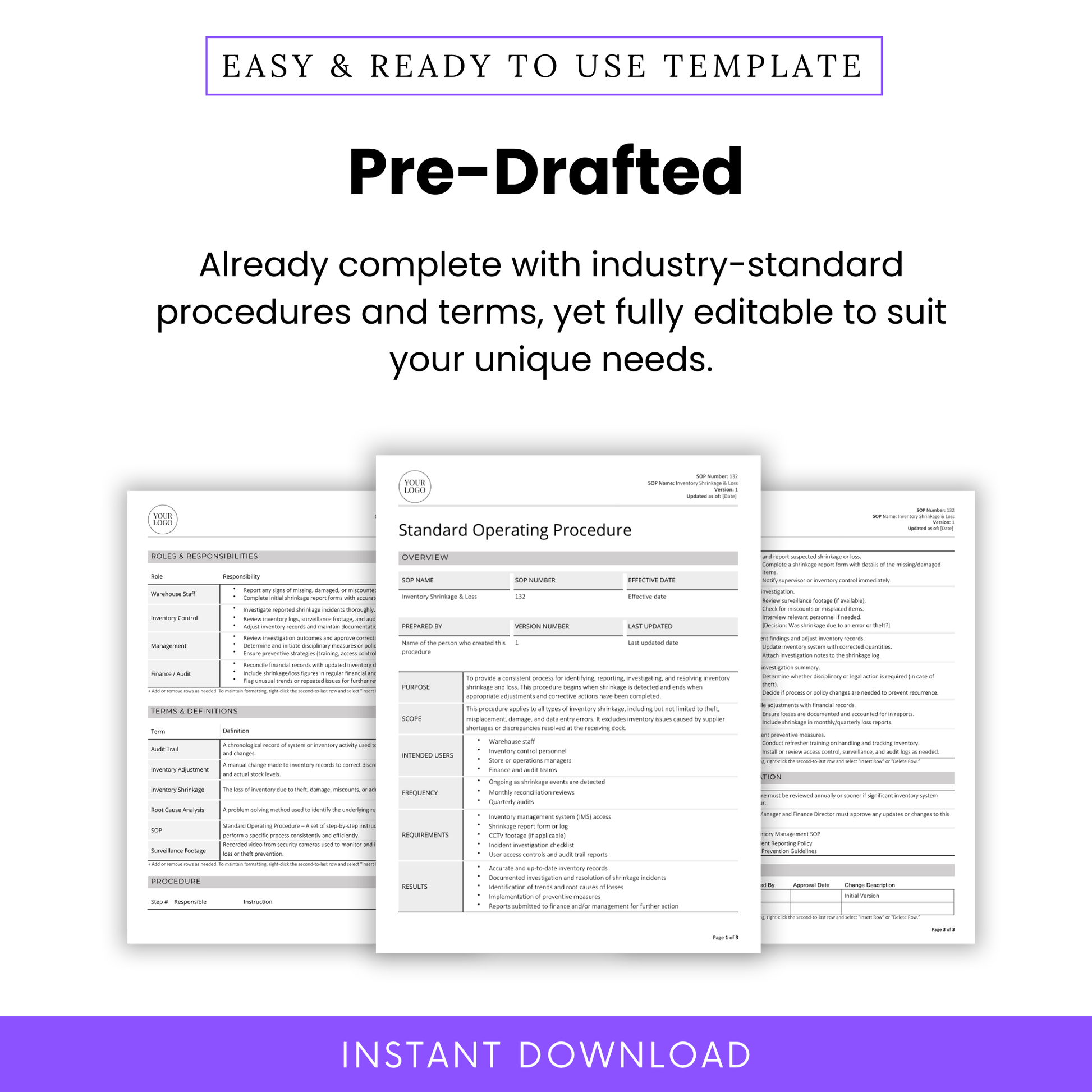Pre-drafted Inventory Shrinkage & Loss SOP Template with industry-standard procedures and terminology. Fully editable to suit your business needs. Includes structured sections like roles, definitions, and inventory workflows. Instant download in Word and PDF format.
