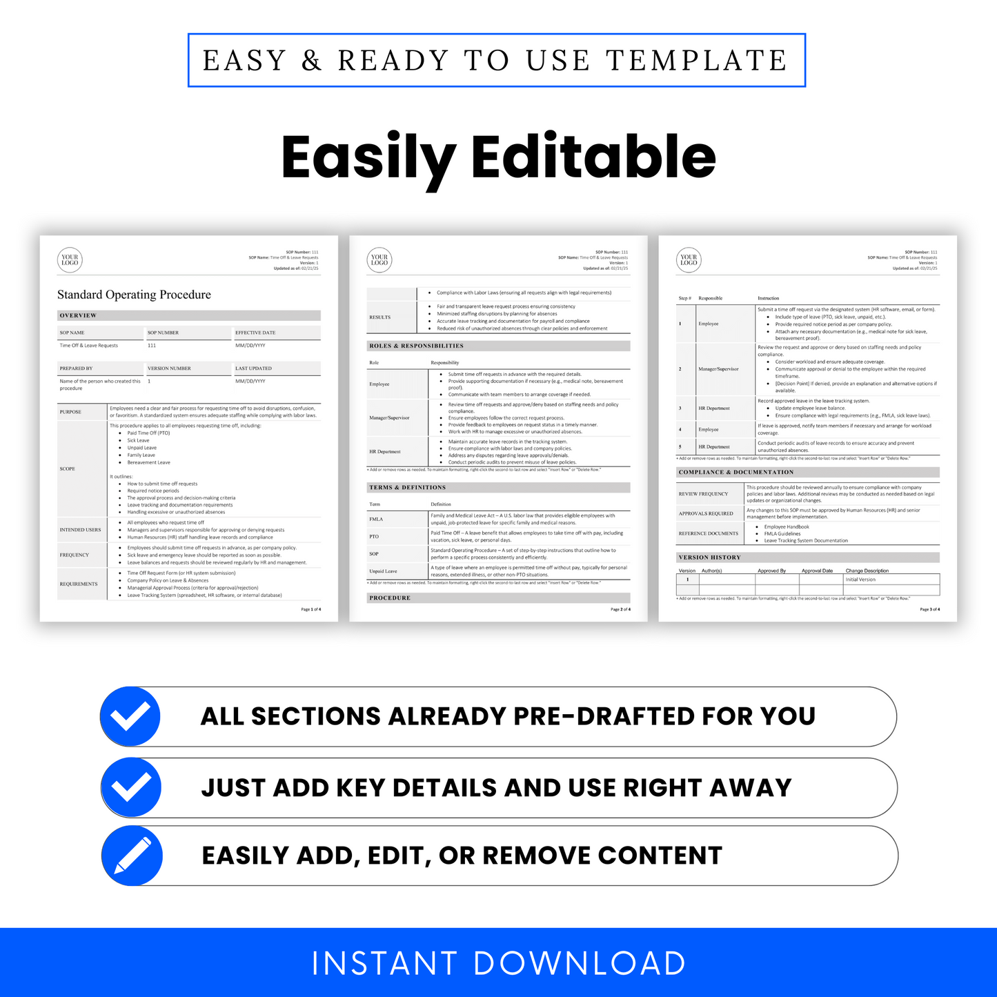 Templates for Standard Operating Procedures with text indicating ease of use and editing.